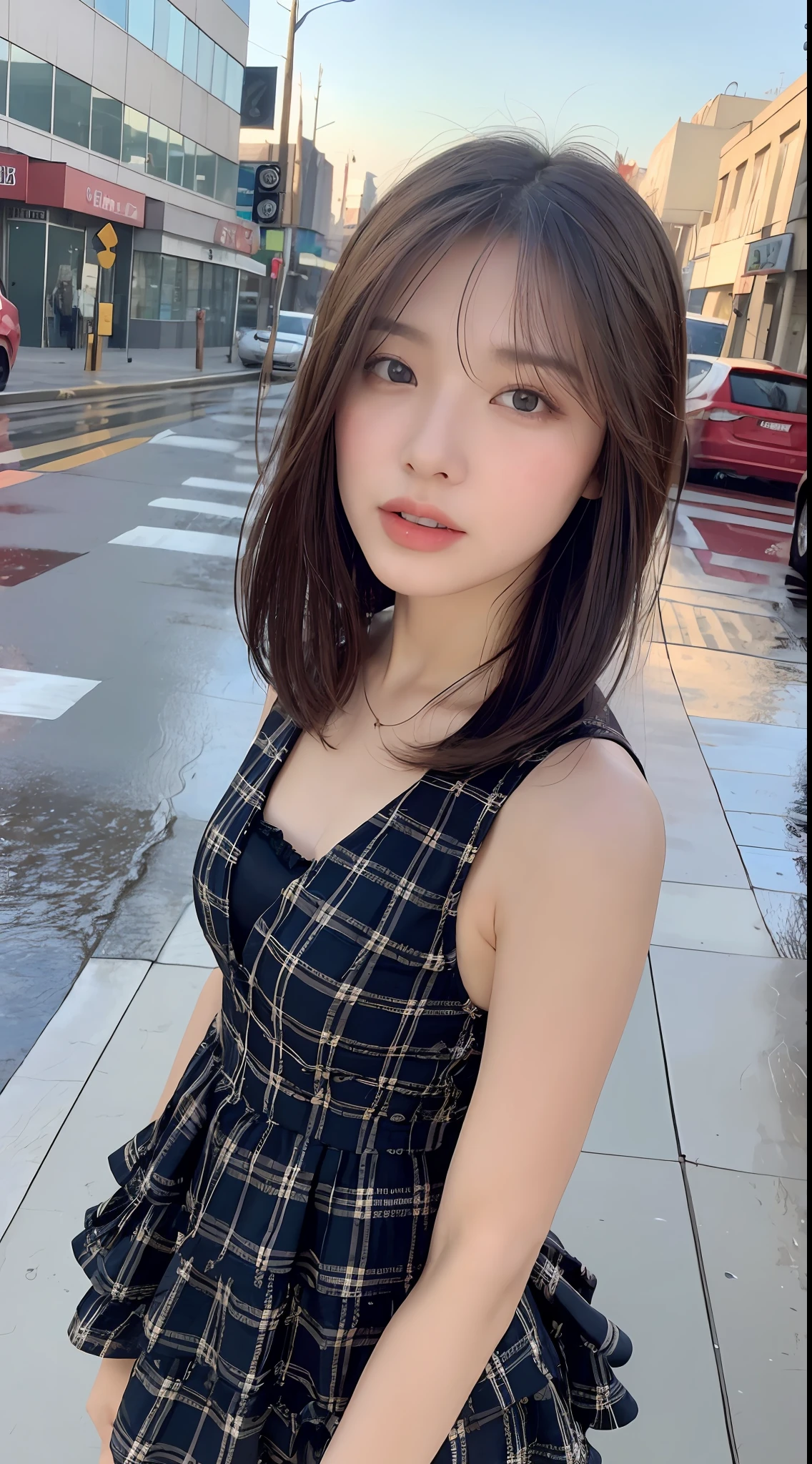 ((Best Quality, 8k, Masterpiece: 1.3)), Focus: 1.2, Perfect Body Beauty: 1.4, Buttocks: 1.2, (Layered Haircut: 1.2)), (Rain, Street:1.3), Highly detailed face and skin texture, Fine eyes, Double eyelids, Whitening skin, Long hair, (Round face: 1.5), sweet_lolita
