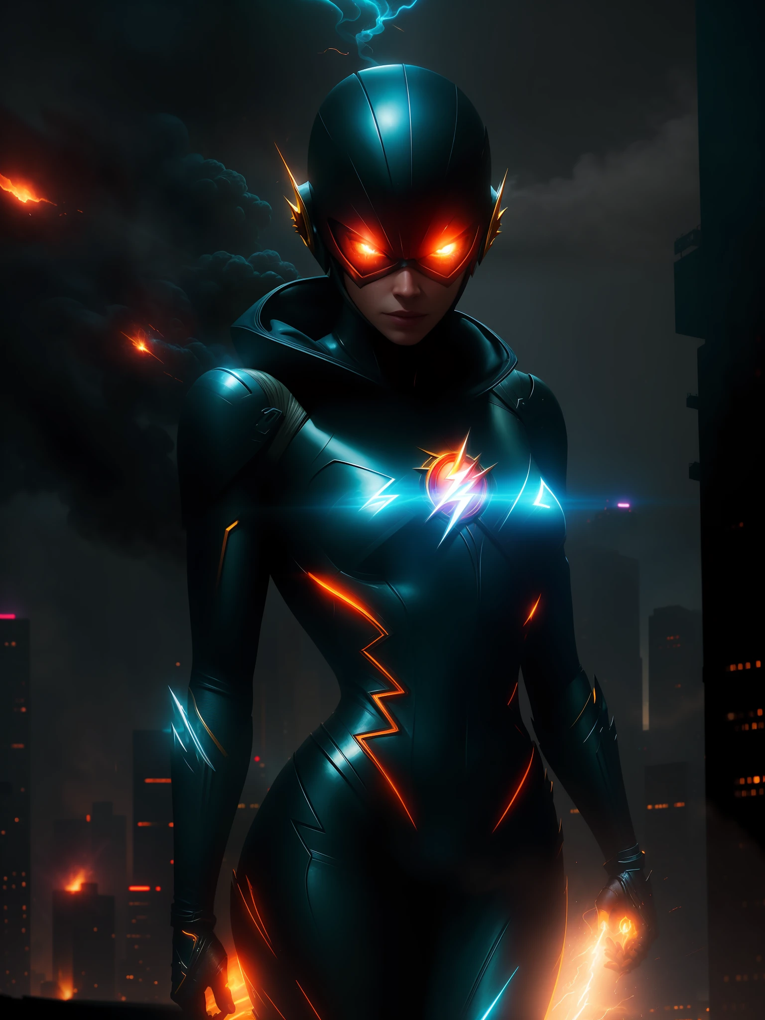 Scene from the movie, Sexy Woman dressed as Flash from DC, extremely detailed, futuristic cityscape, nighttime, glowing neon lights, smoke, sparks, metal shavings, flying debris, blue energy effects, volumetric light