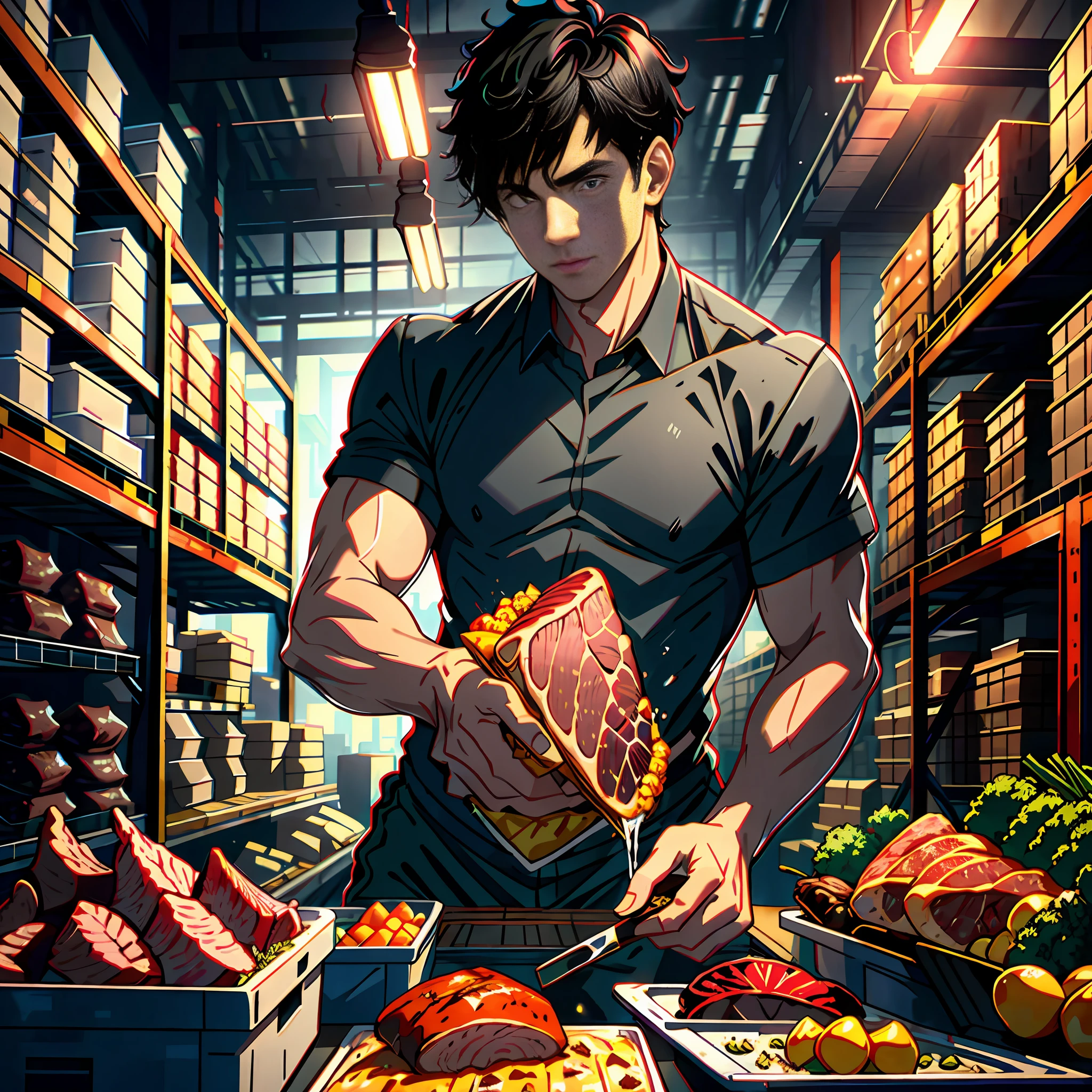 A handsome boy with short black hair, black eyes, in a huge warehouse, piled with meat, highly real, UHD, chiaroscuro, super high detail