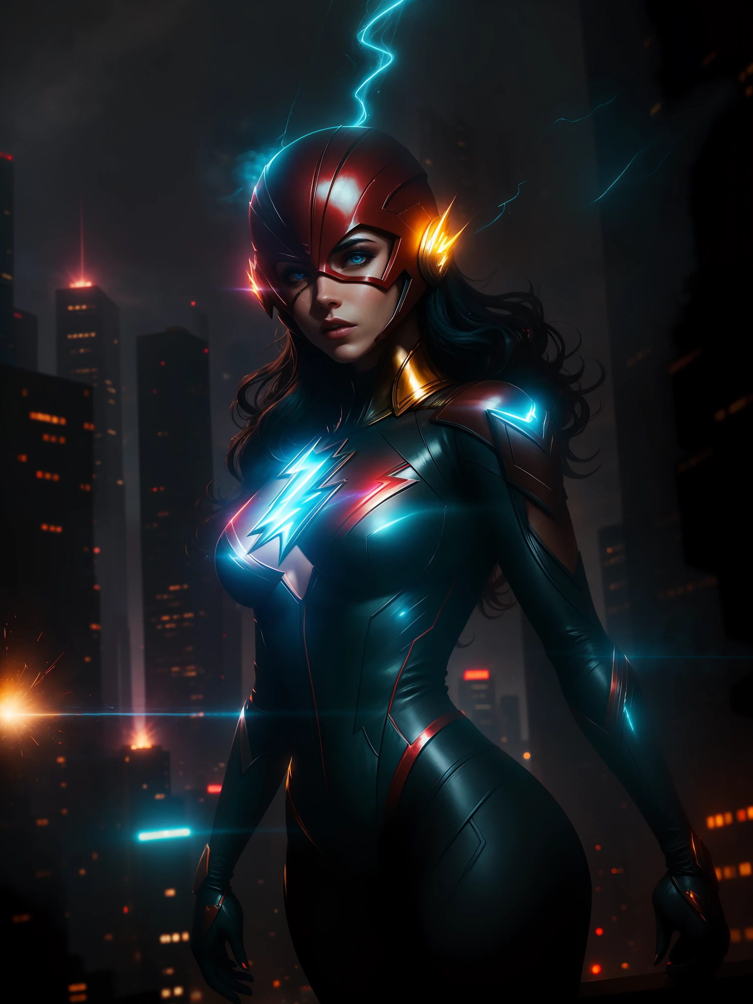 Scene from the movie, Sexy Woman dressed as Flash from DC, extremely detailed, futuristic cityscape, nighttime, glowing neon lights, smoke, sparks, metal shavings, flying debris, blue energy effects, volumetric light