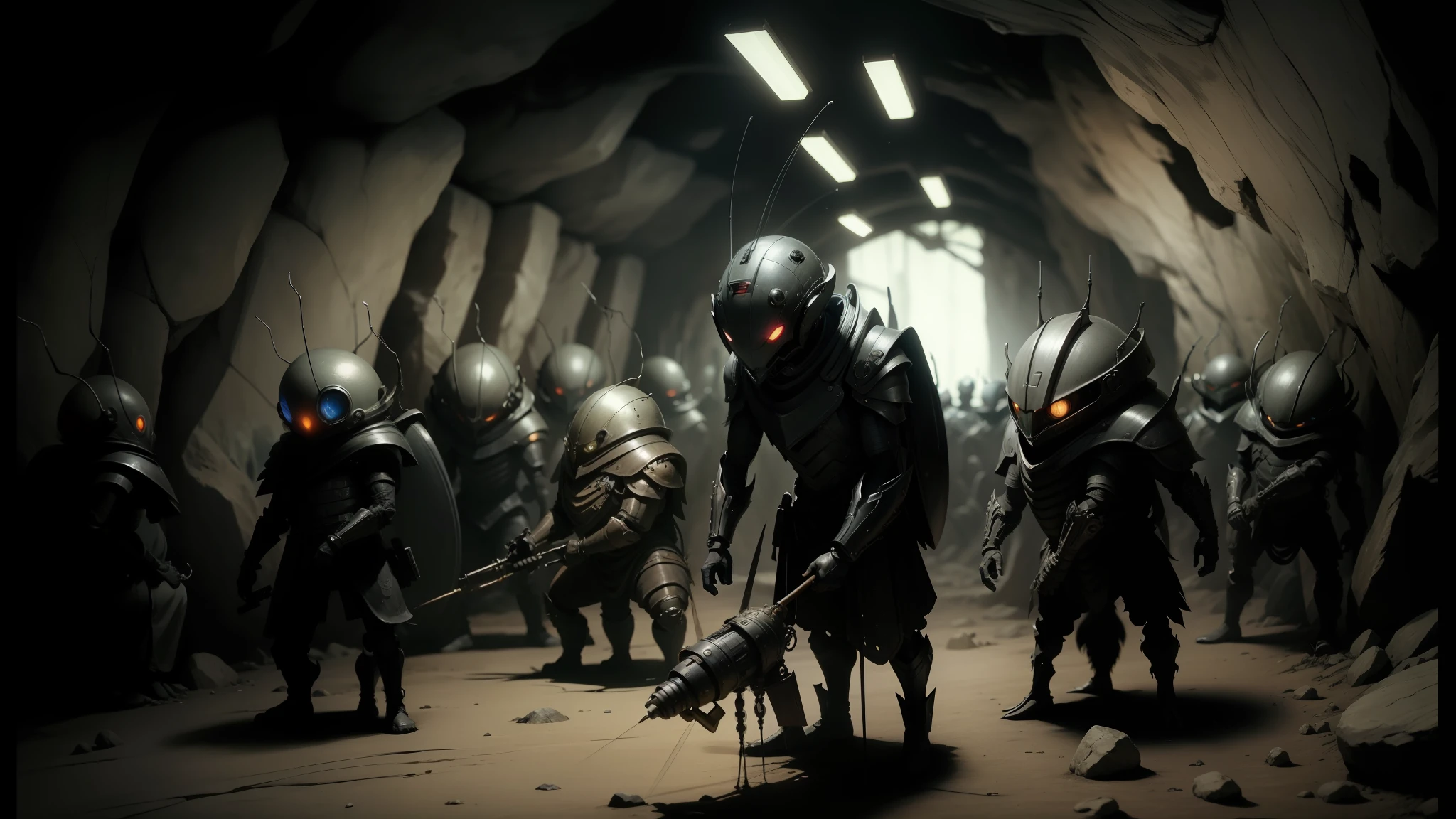 arafed group of alien men in a cave with a light, steampunk insect, still frame from a movie, by Tōshi Yoshida, by Zhang Xiaogang, wearing black armor, cute creatures, promotional images, grindcore, by Władysław Podkowiński, cgi society, infestation, gray men --auto --s2