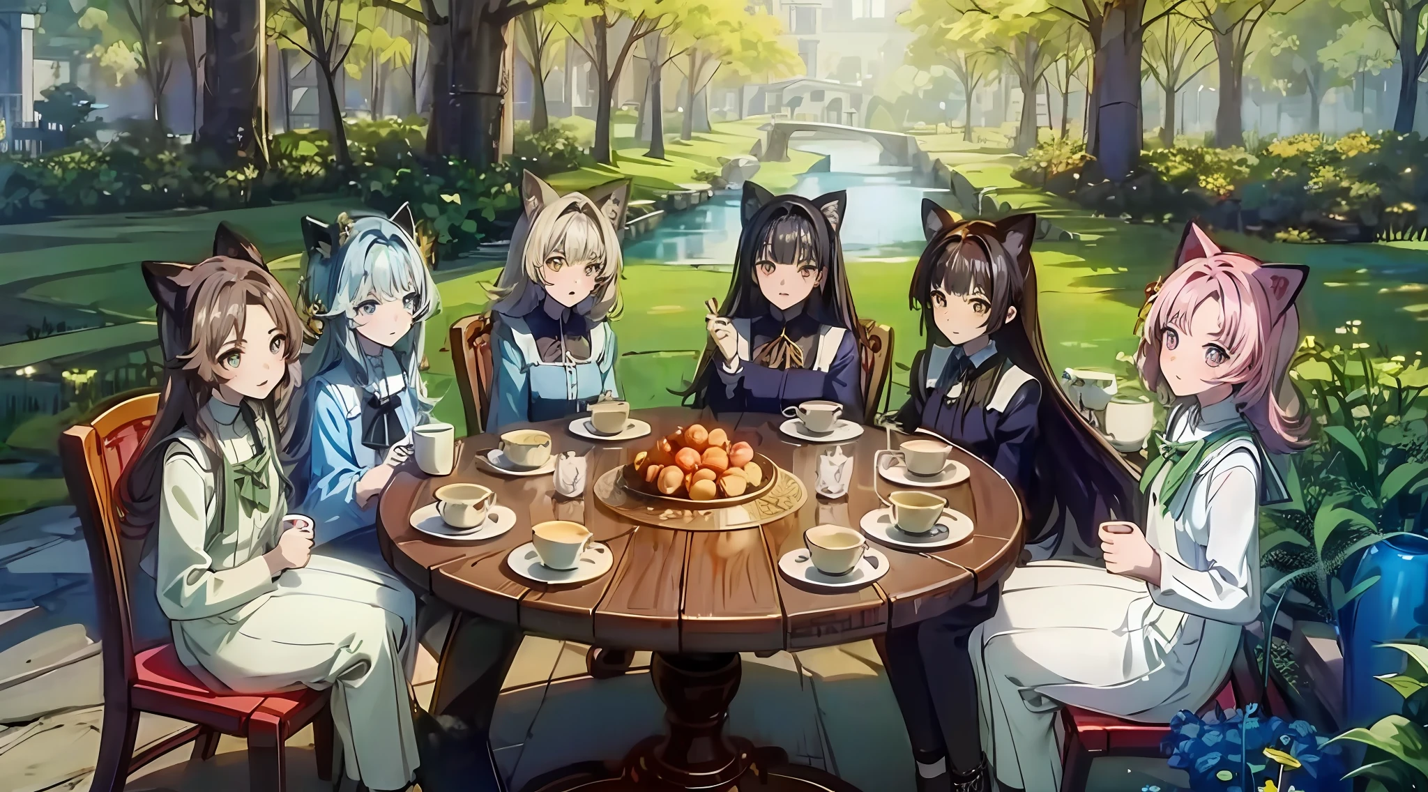 Tea party in nature of six girls with cat ears, girls in tea dresses, tea, tea set, anime style, rich shades, detailed shadows, play of colors