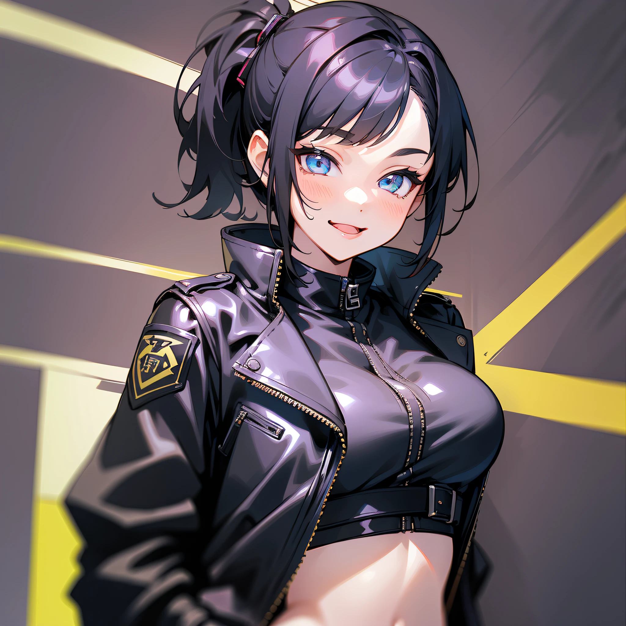 A girl, sexy and hot, wearing a black leather jacket, sticking out her tongue, smiling sweetly, showing only the upper body (super intricate details), (super detailed CG: 1.2), anime art style, high quality 8K anime wallpaper, RGB lighting