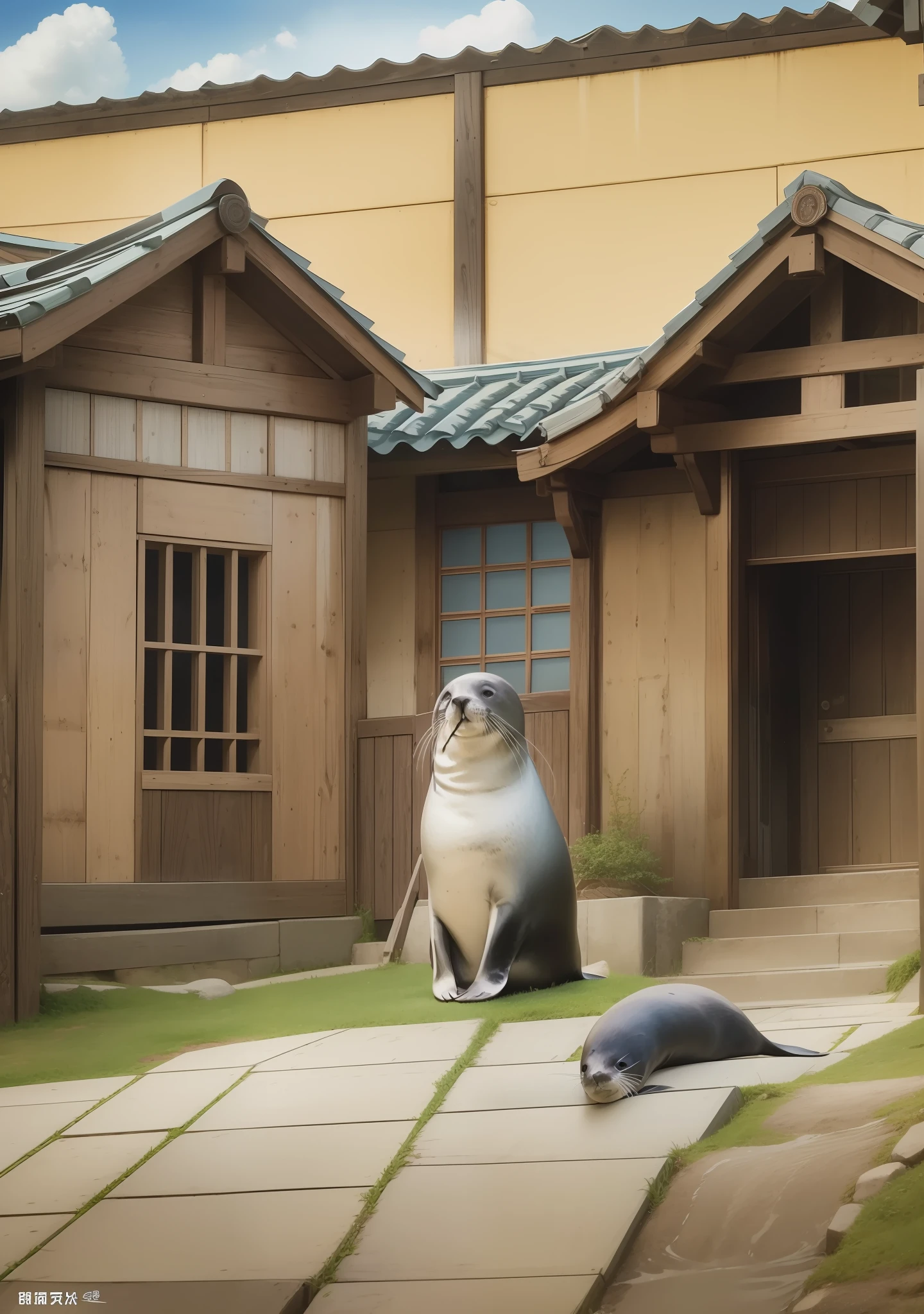 a cartoon seal with a bandana around its neck, concept art by Kishi Ganku, pixiv, shin hanga, ivan seal, shirabii, safebooru anime image, yuruyuri, the seal of fortune, official art, marin kitagawa fanart, awwwww, shuushuu anime image, gelbooru anime image, official illustration