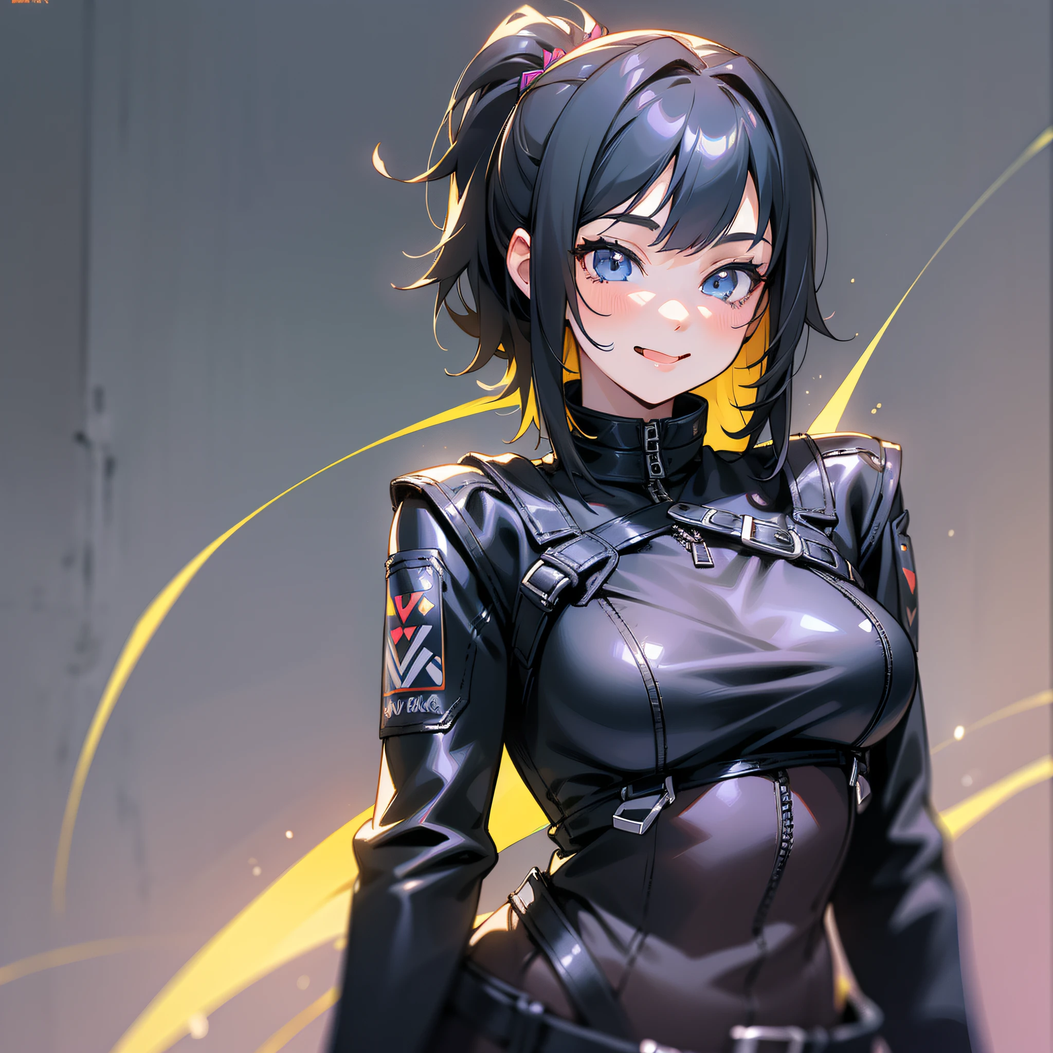 A girl, sexy and hot, wearing a black leather jacket, sticking out her tongue, smiling sweetly, showing only the upper body (super intricate details), (super detailed CG: 1.2), anime art style, high quality 8K anime wallpaper, RGB lighting
