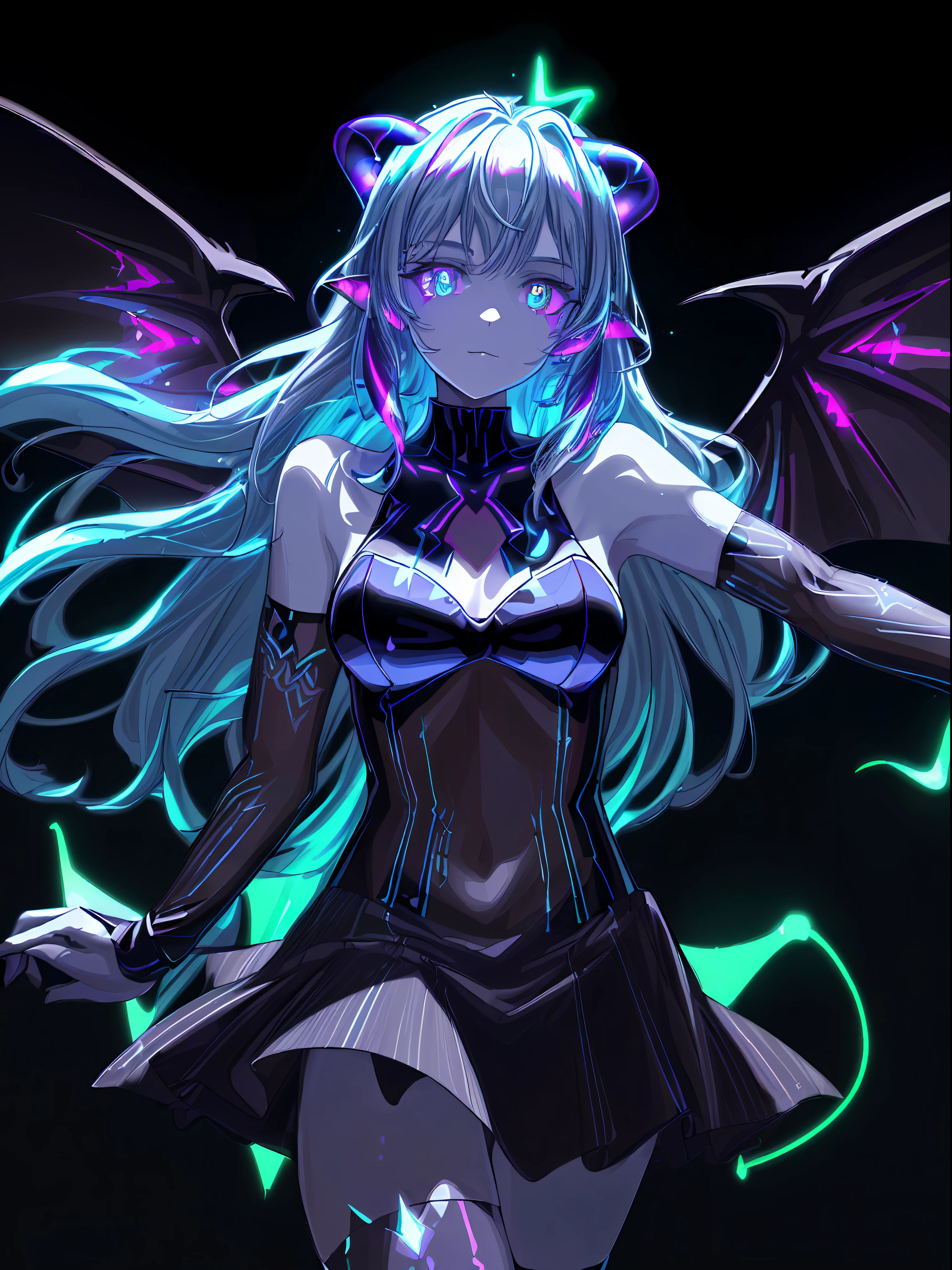 (Best Quality, UHD, 8K, Masterpiece:1.5), devil girl, wings, Glitter, neon, ((glowing horn:1.3, glowing tattoo:1.3, glowing eyes:1.3))