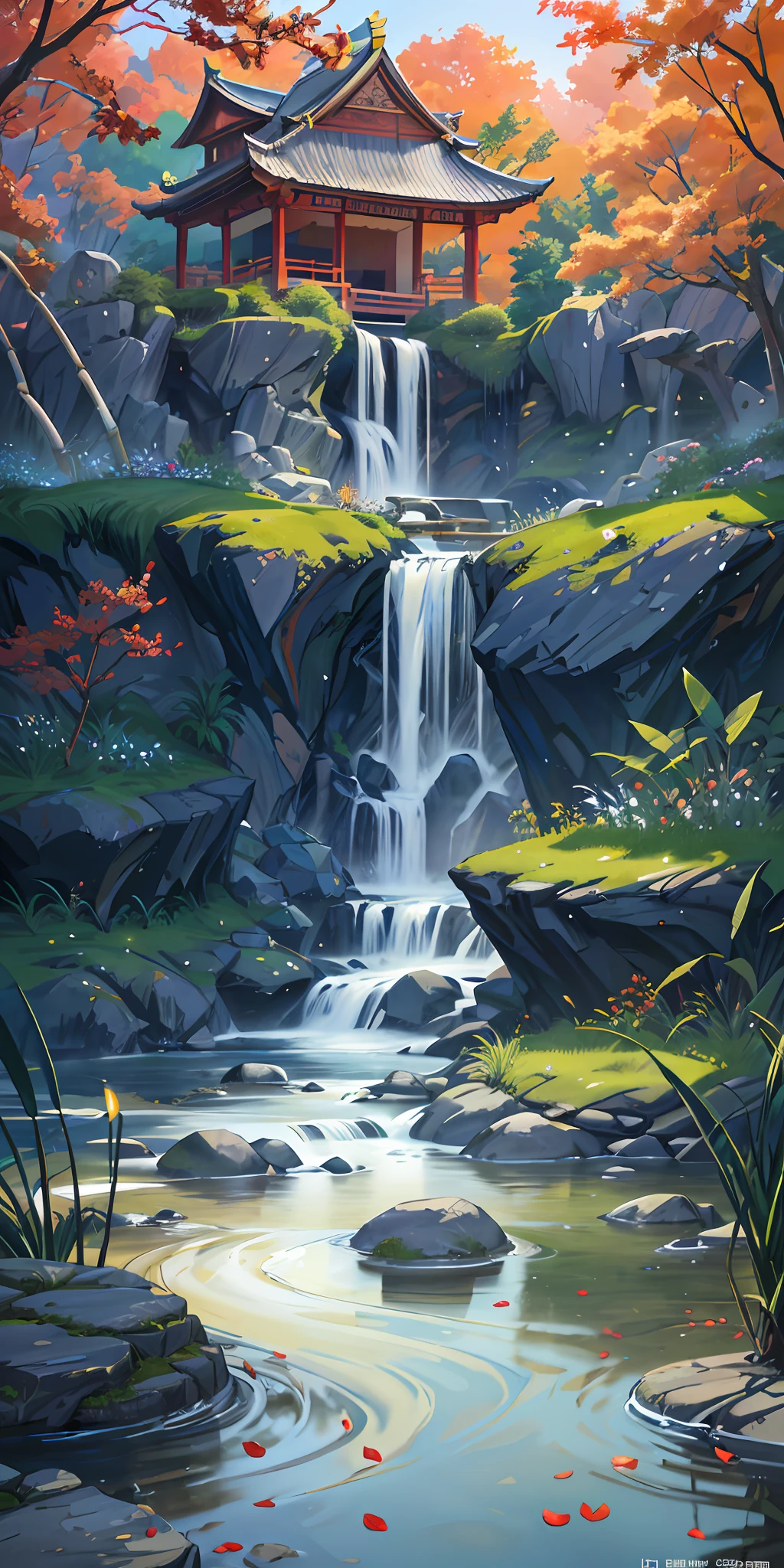 Ancient Chinese architecture, autumn, bamboo, lake, stone bridge, rockery, arch, corner, tree, tap water, landscape, waterfall, meadow, rock, water lily, hot springs, water vapor, (illustration: 1.0), epic composition, realistic lighting, high-definition detail, masterpiece, best quality, (very detailed CG unified 8k wallpaper)