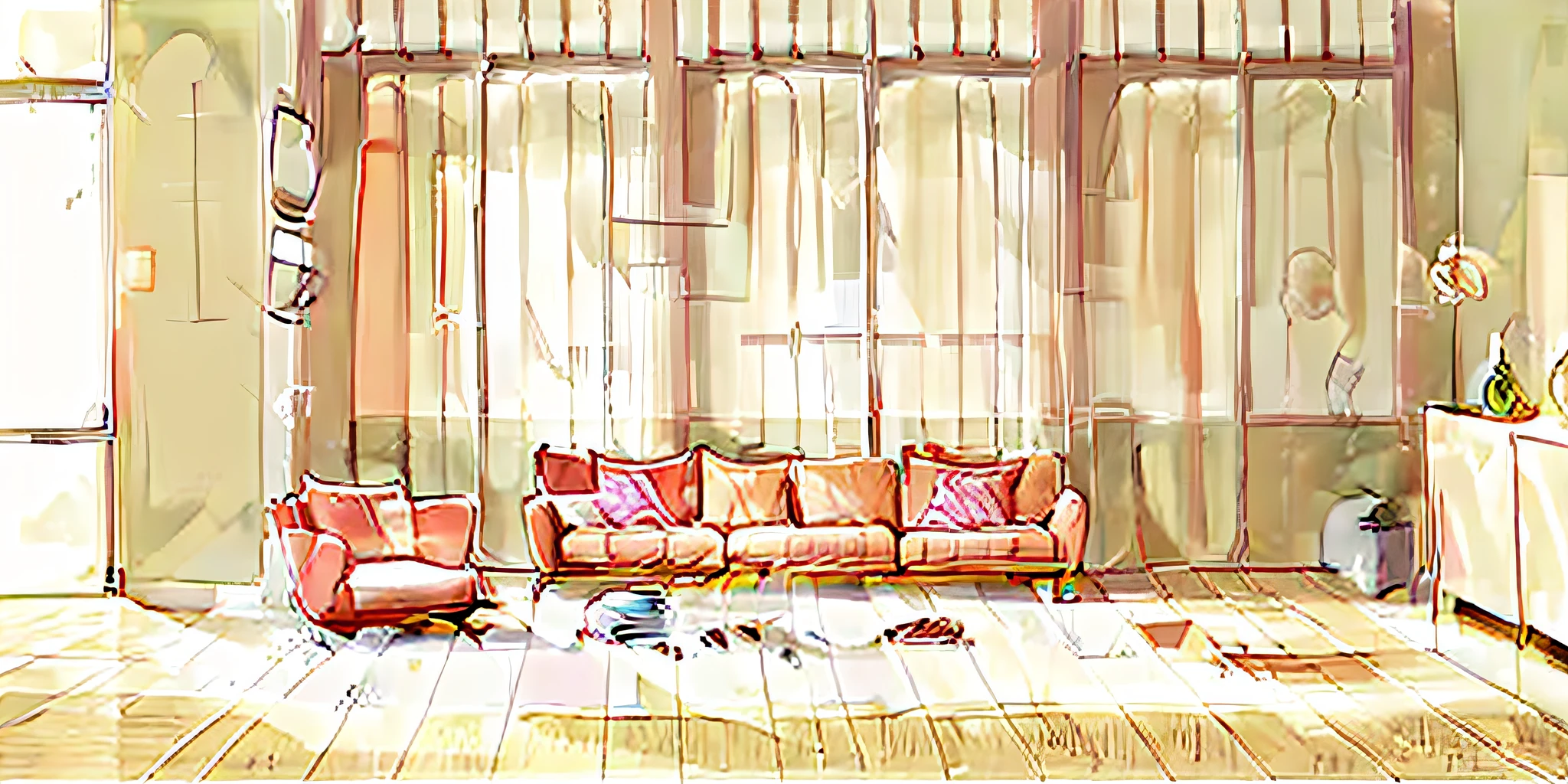 a drawing of a living room with a couch and a book shelf, outline sketch, line sketch, simple lineart, lineart, minimalist line art, loundraw, minimalist line drawing, clean lineart, outline drawing, comprehensive 2 d render, line drawing, flat linework, 2 d render, clean linework, line art!!, lineart behance hd