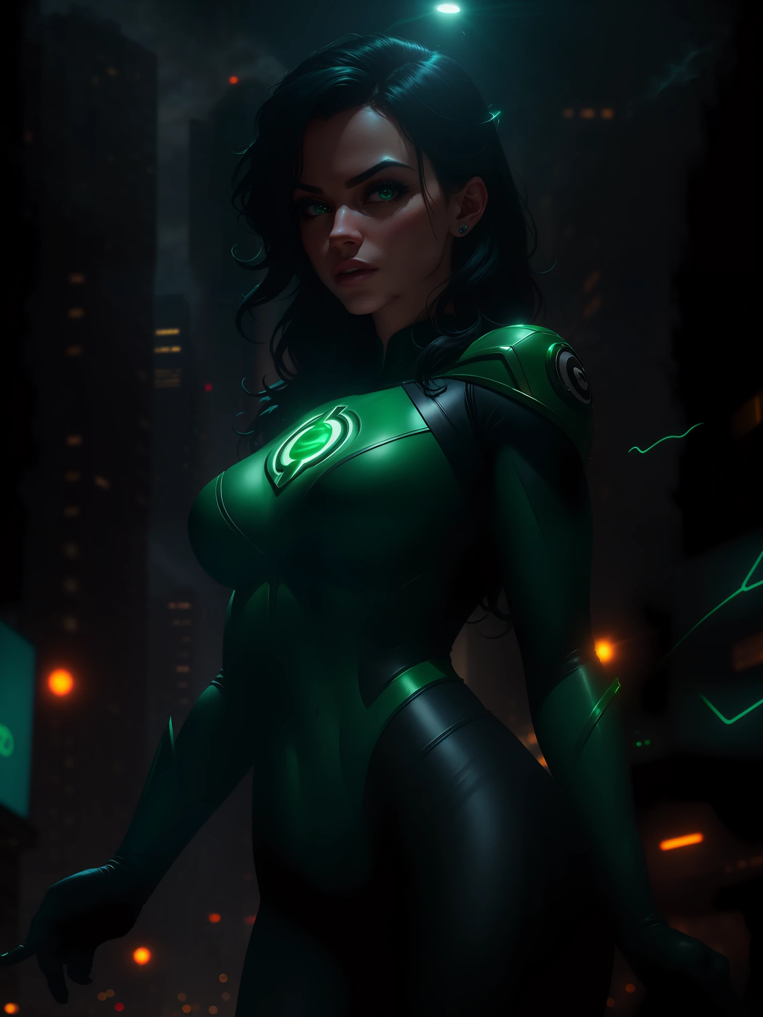 Scene from the movie, Sexy Woman dressed as Green Lantern from DC, extremely detailed, futuristic cityscape, nighttime, glowing neon lights, smoke, sparks, metal shavings, flying debris, blue energy effects, volumetric light