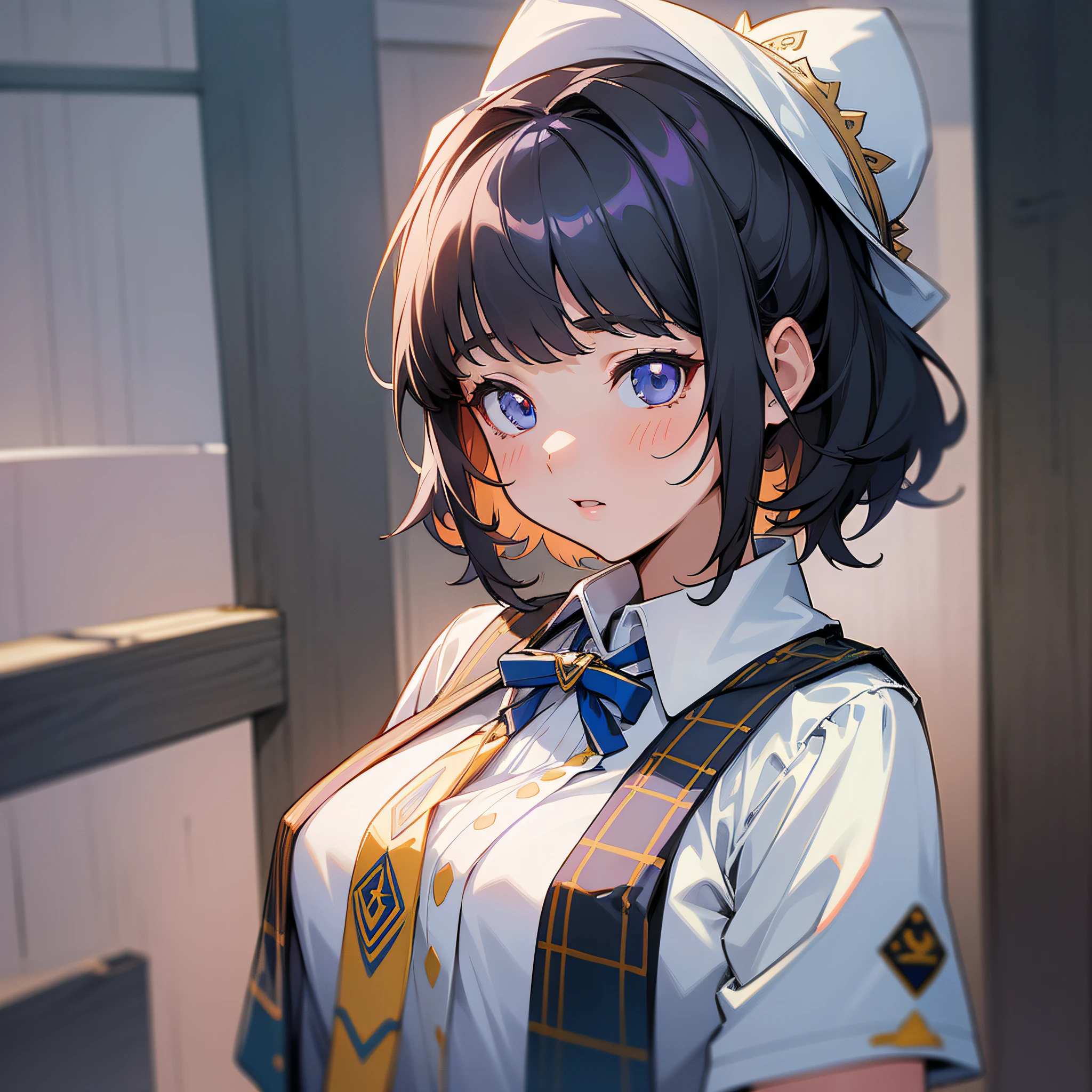 A girl wearing JK school uniform, white silk, pure and cute, showing only the upper body (super intricate details), (super detailed CG: 1.2), anime art style, high quality 8K anime wallpaper, RGB lighting