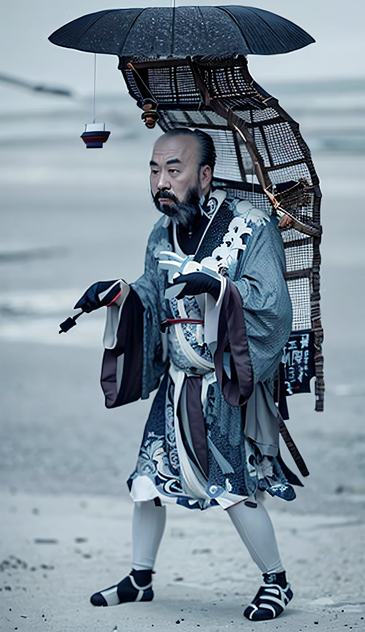 A close-up of a man holding an umbrella, inspired by the monks of the Zhenguan era of the Tang Dynasty, Qi Gong, Tang Dynasty, inspired by Yun Feiji, the ancient Mongol Elon Musk, a Buddhist, wearing ancient Chinese clothing, created by Emperor Xuande, inspired by Qian Du of the Song Dynasty