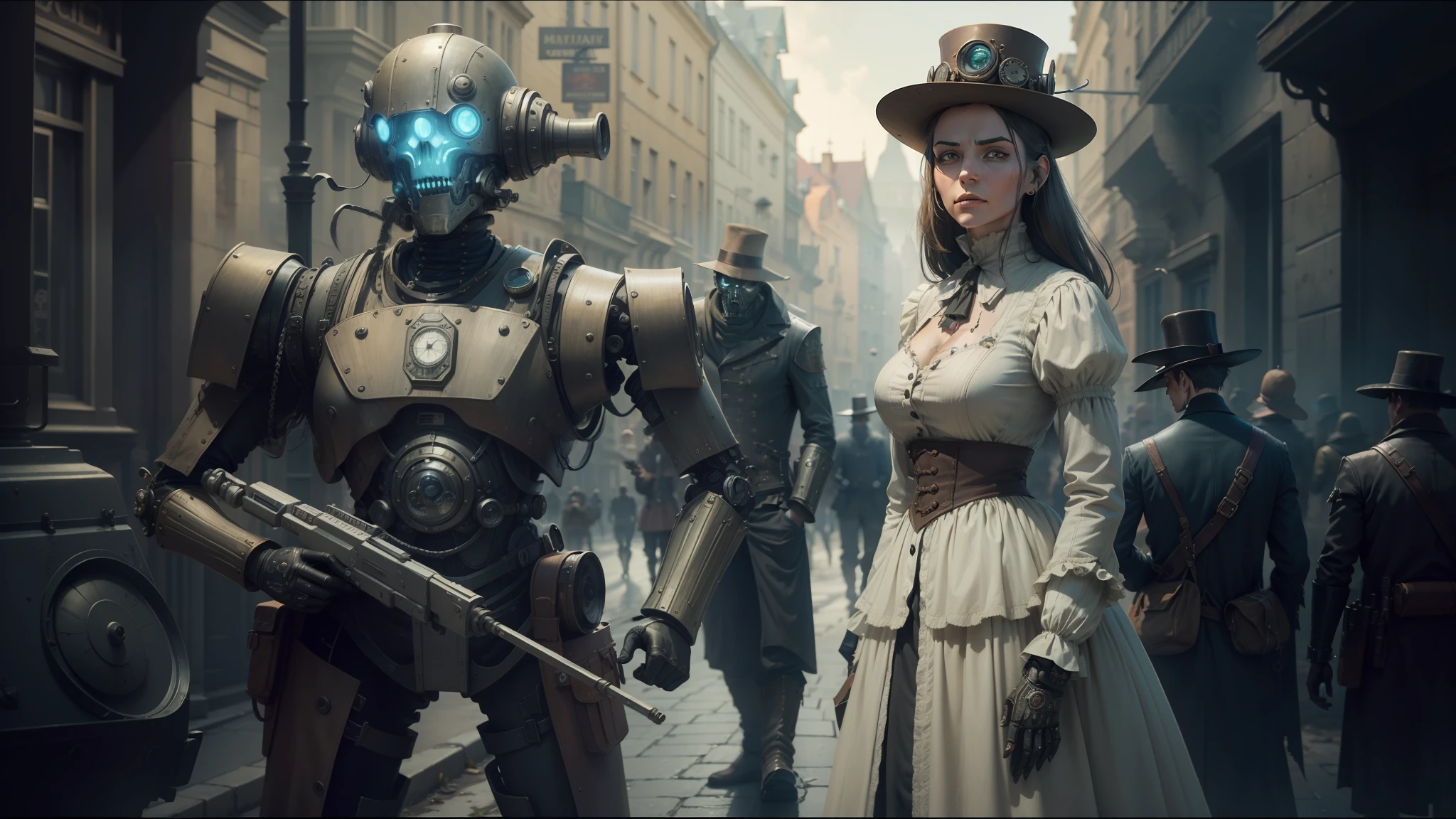 there is a woman standing next to a robot in a street, high quality steampunk art, vfx film, inspired by Józef Brandt, undead soldiers in background, character with a hat, realistic restored face, keyframe, by László Beszédes, characters from machinarium, anamorphic cinematography --auto --s2