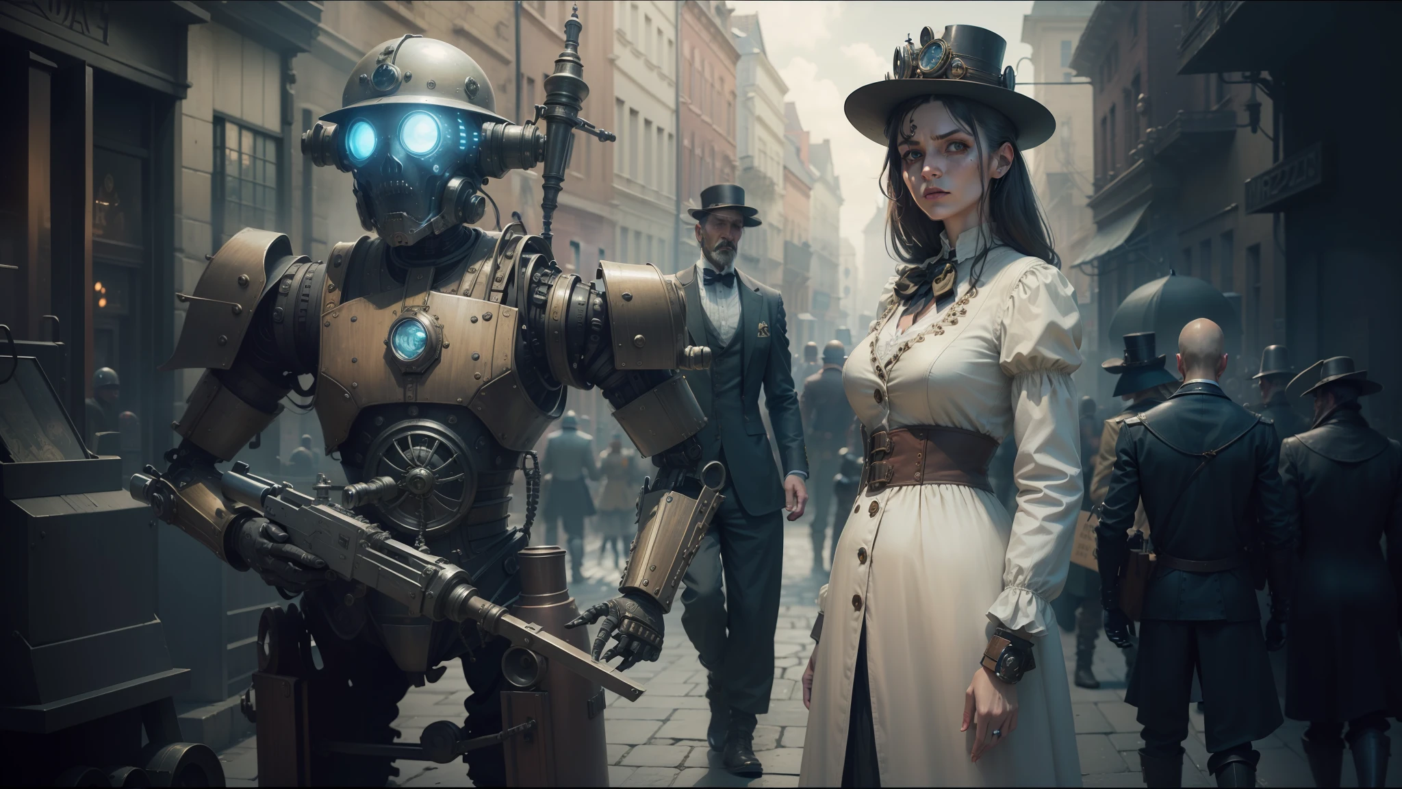 there is a woman standing next to a robot in a street, high quality steampunk art, vfx film, inspired by Józef Brandt, undead soldiers in background, character with a hat, realistic restored face, keyframe, by László Beszédes, characters from machinarium, anamorphic cinematography --auto --s2