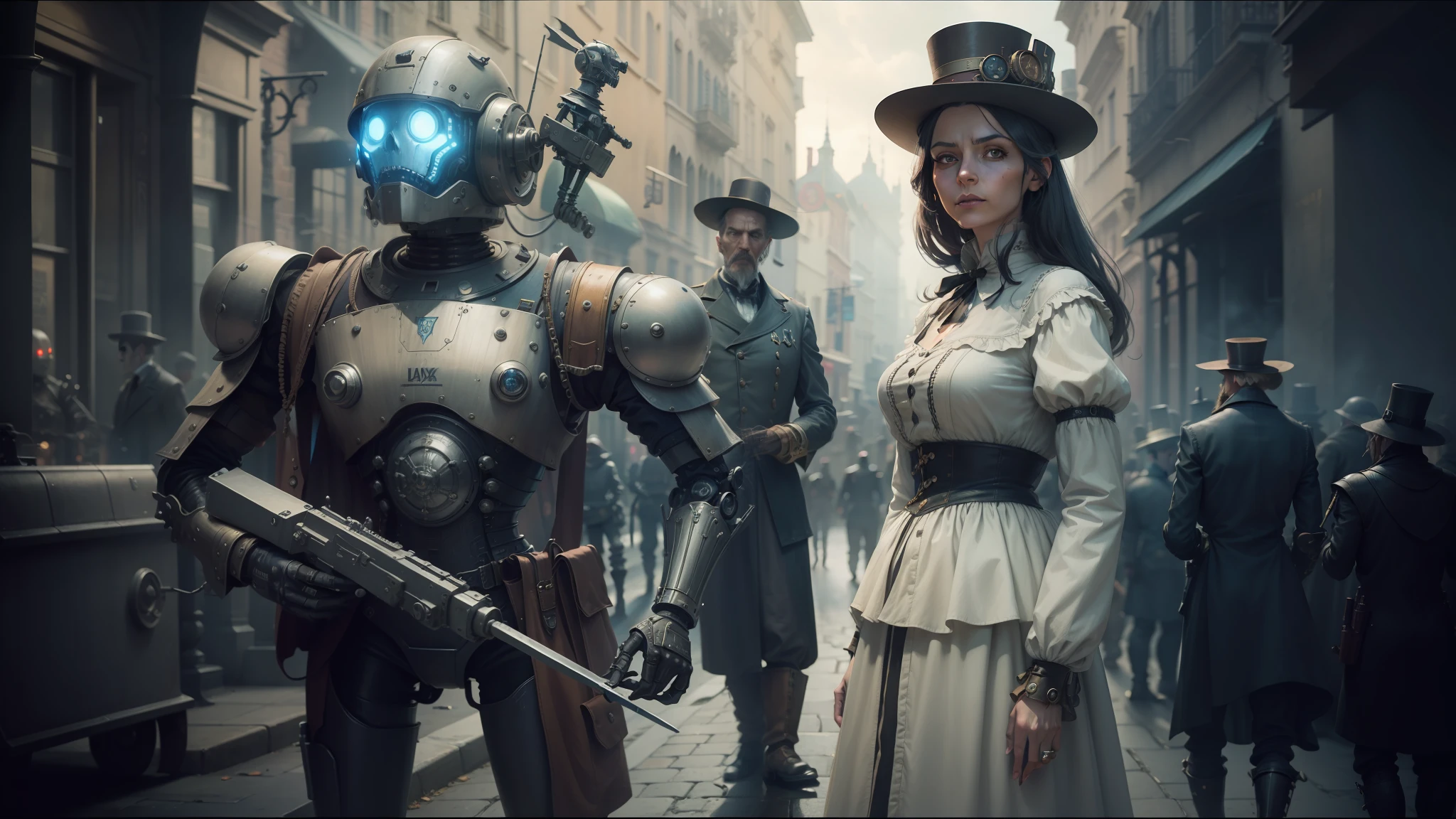 there is a woman standing next to a robot in a street, high quality steampunk art, vfx film, inspired by Józef Brandt, undead soldiers in background, character with a hat, realistic restored face, keyframe, by László Beszédes, characters from machinarium, anamorphic cinematography --auto --s2