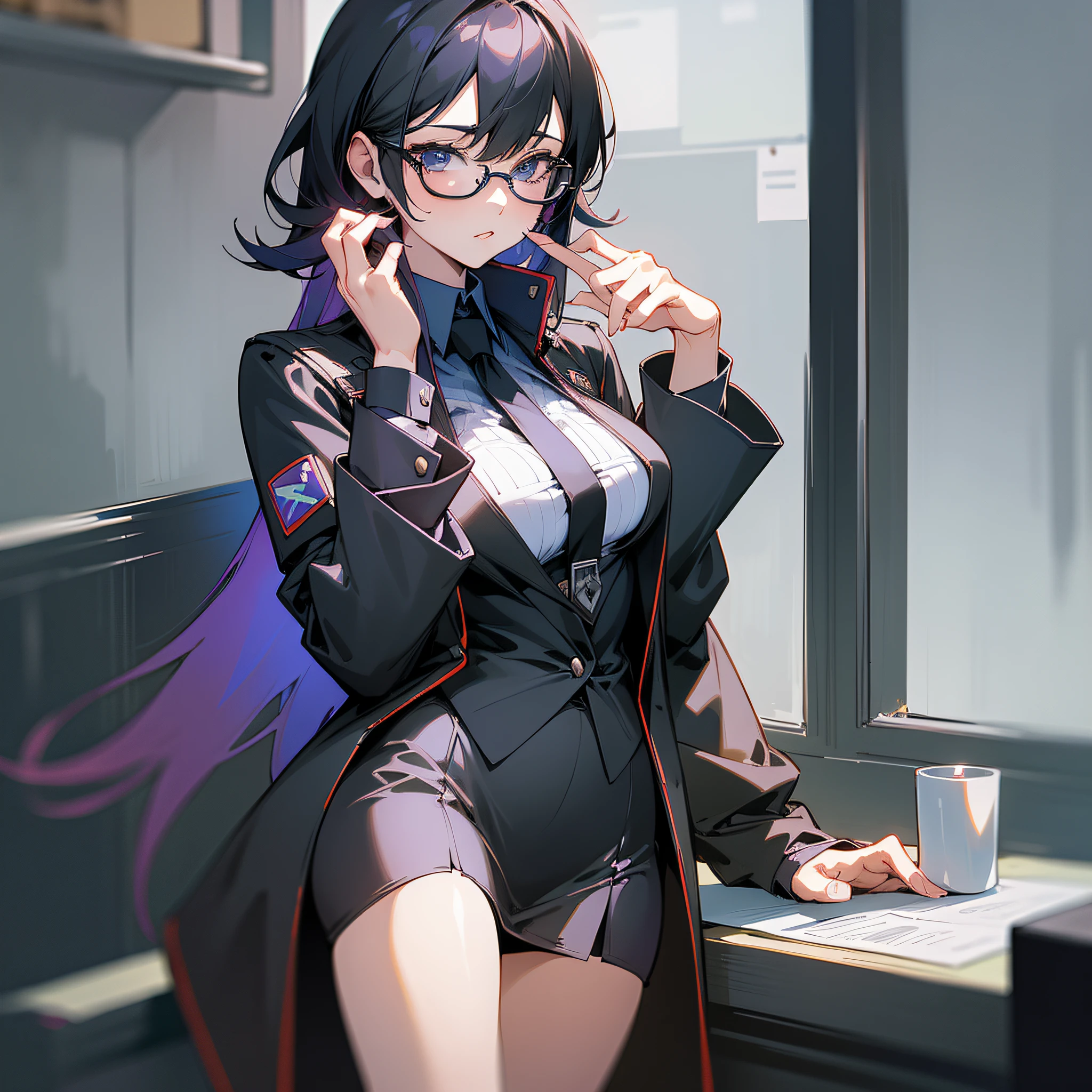 A mature woman, wearing a black work uniform is, hot figure, holding a folder in her hand, wearing glasses, showing only 3/4 body (super intricate details), (super detailed CG: 1.2), anime art style, high quality 8K anime wallpaper, RGB lighting
