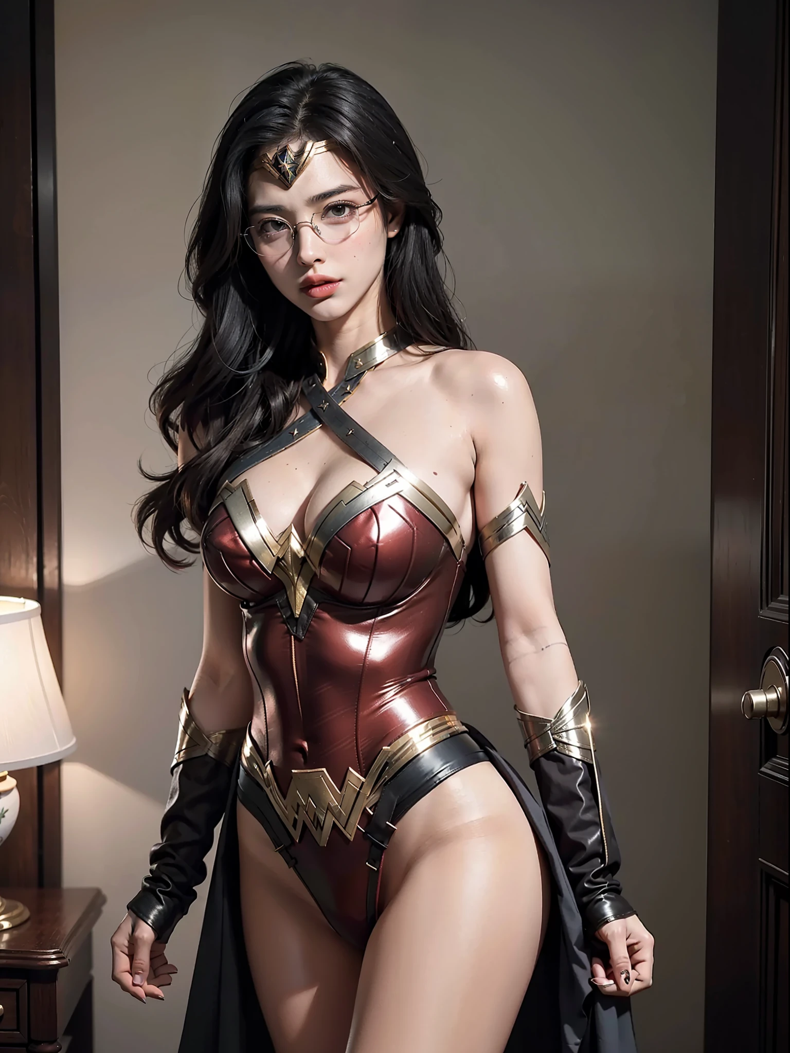 Wonder Woman uniform seduction, rimless glasses, intimate parts, sexy body, binding seduction, busty, large, black silk, revealing clothing.