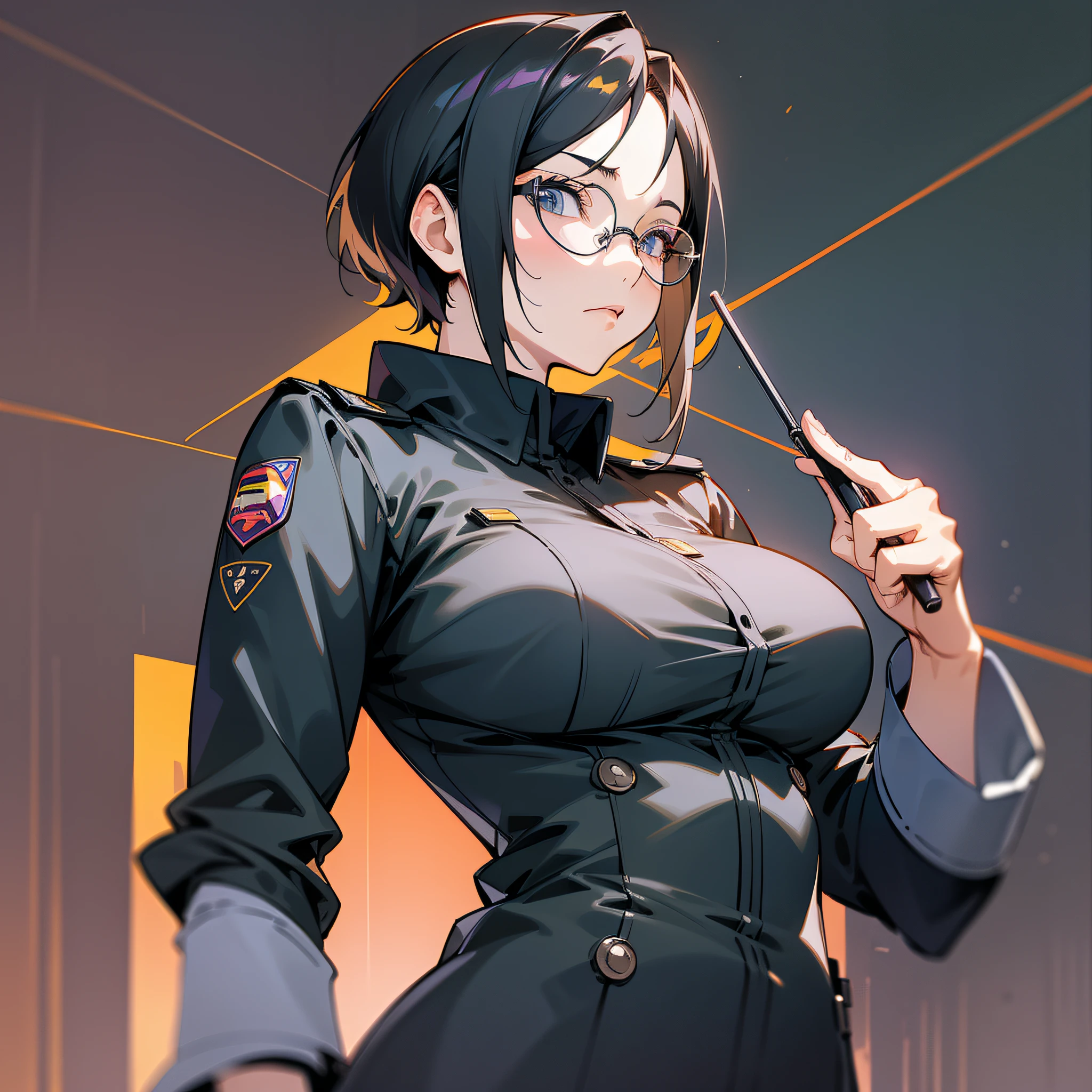 A mature woman, wearing a black work uniform is, hot figure, holding a folder in her hand, wearing glasses, showing only 3/4 body (super intricate details), (super detailed CG: 1.2), anime art style, high quality 8K anime wallpaper, RGB lighting