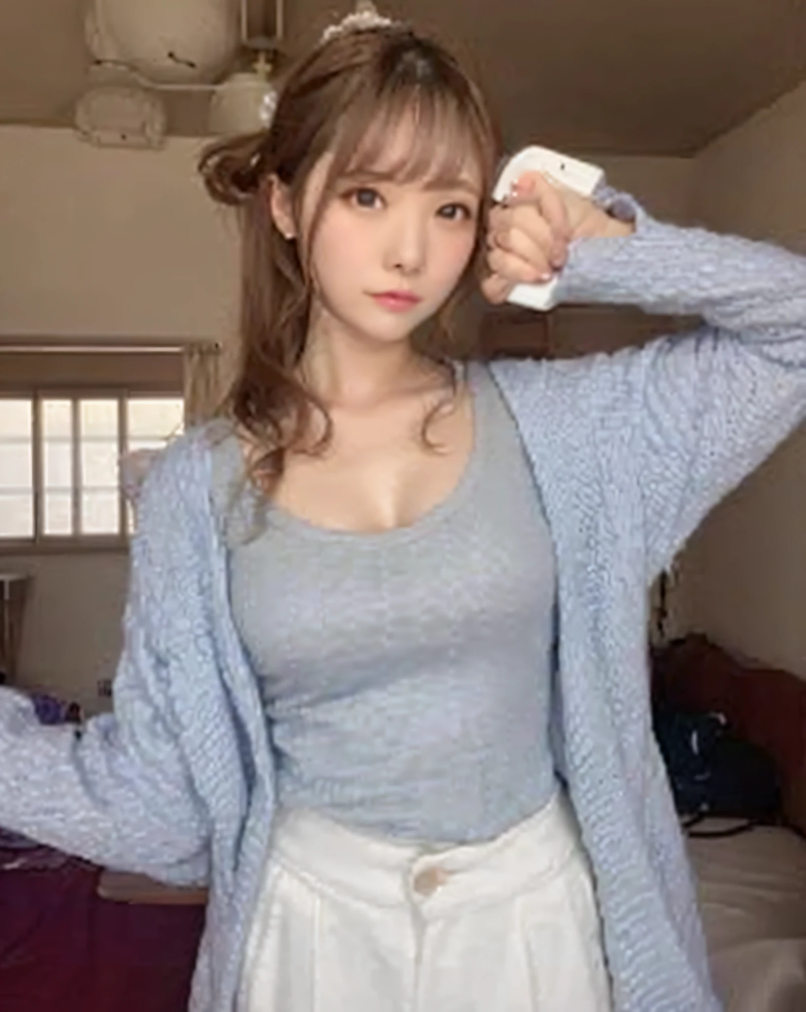 woman in a blue shirt and white skirt holding a wii controller, leaked image, 8k)), sakimichan, 1 8 yo, sakimi chan, あかさたなは on twitter, open v chest clothes, chiho, young pretty gravure idol, japanese model, anime girl in real life, wearing tight simple clothes