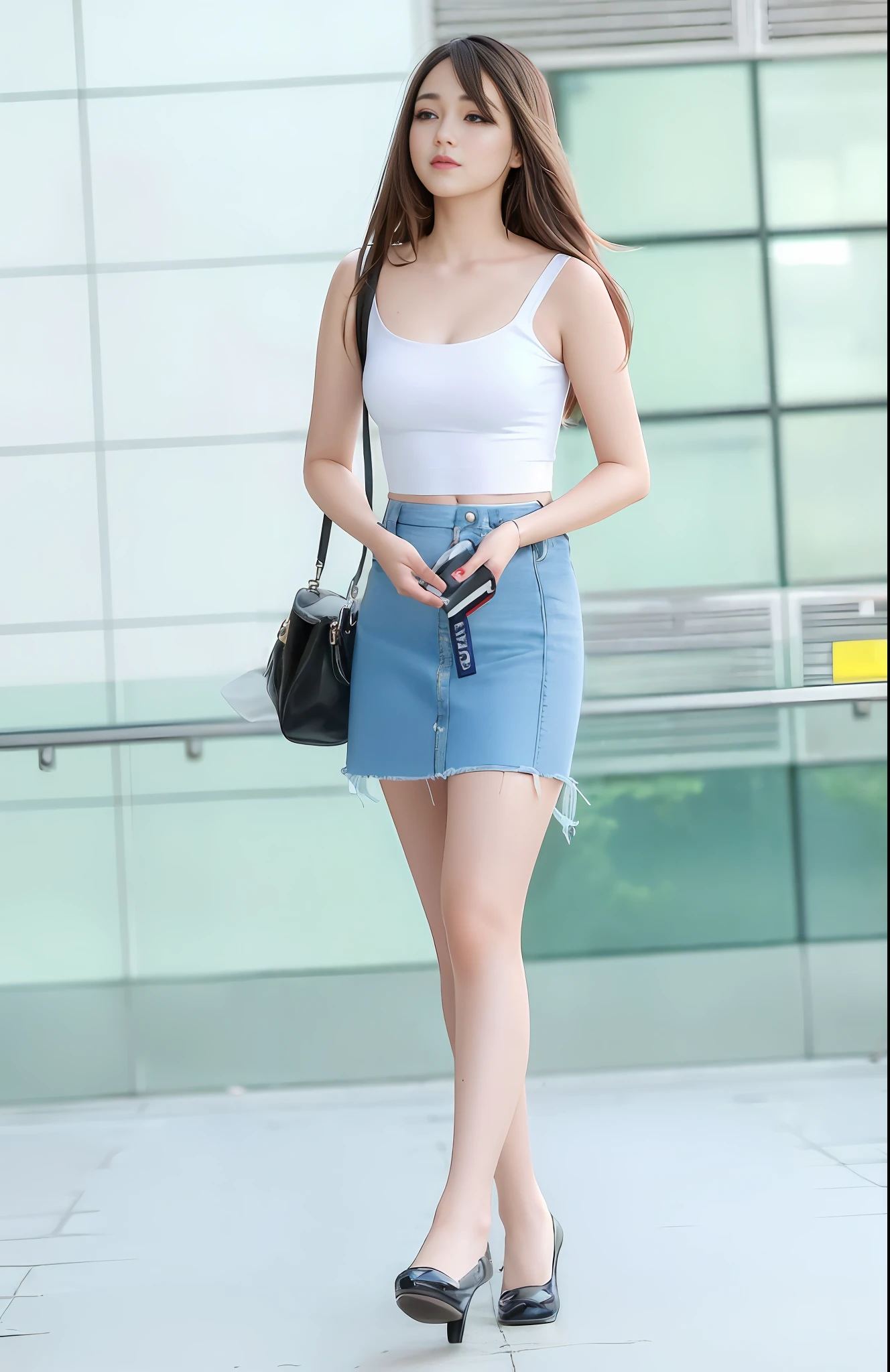 araffe woman in a white top and blue skirt walking down a sidewalk, korean women's fashion model, mini jeans skirt, photo of slim girl model, full body cute young lady, gorgeous young korean woman, dilraba dilmurat, wearing tight simple clothes, bae suzy, wearing crop top and miniskirt, photo of slim girl, wearing : tanktop