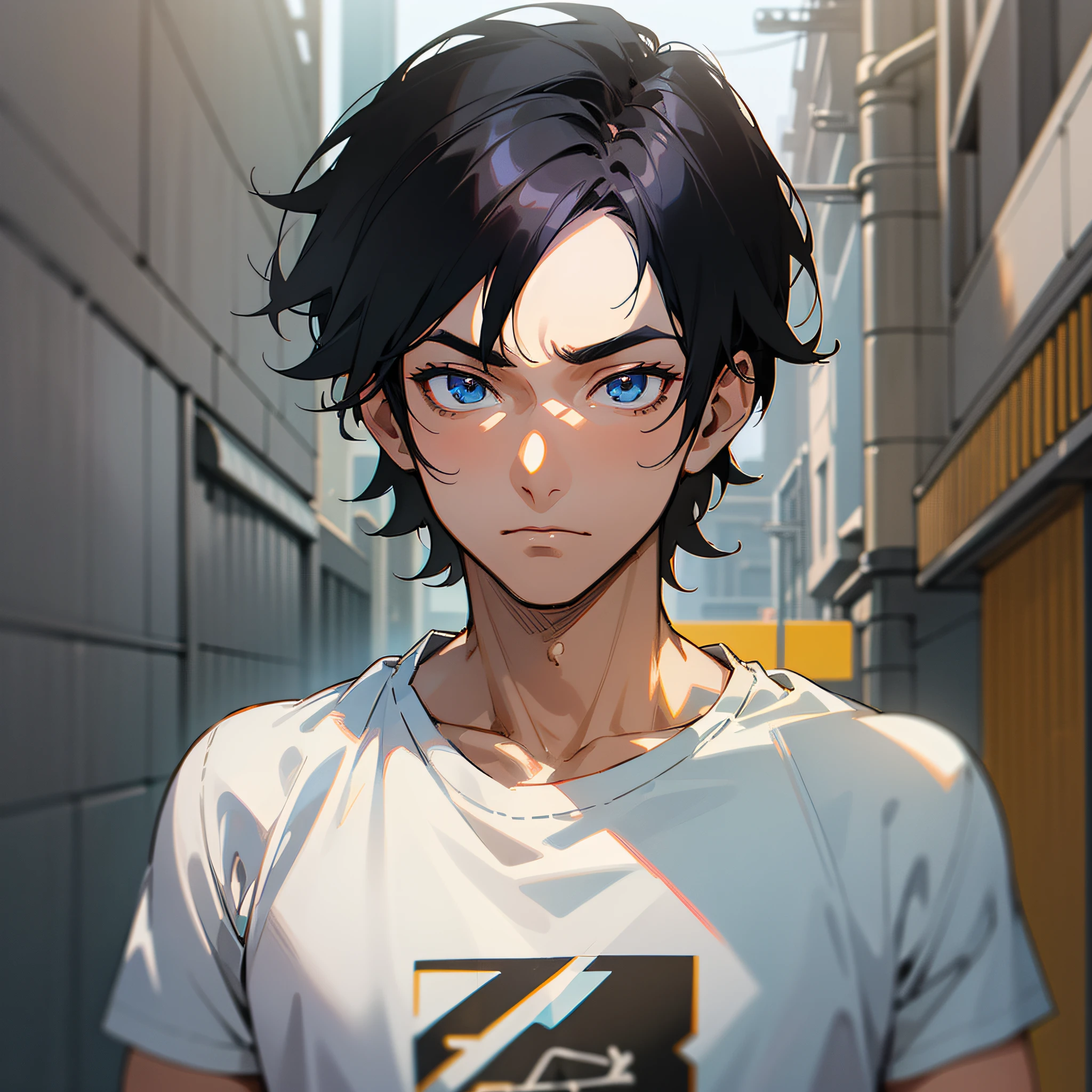 A man with black hair, wearing a white t-shirt with a flat expression, background street, looking at the camera, showing only the upper body (super detailed details), (super detailed CG: 1.2), anime art style, high quality 8K anime wallpaper, RGB lighting
