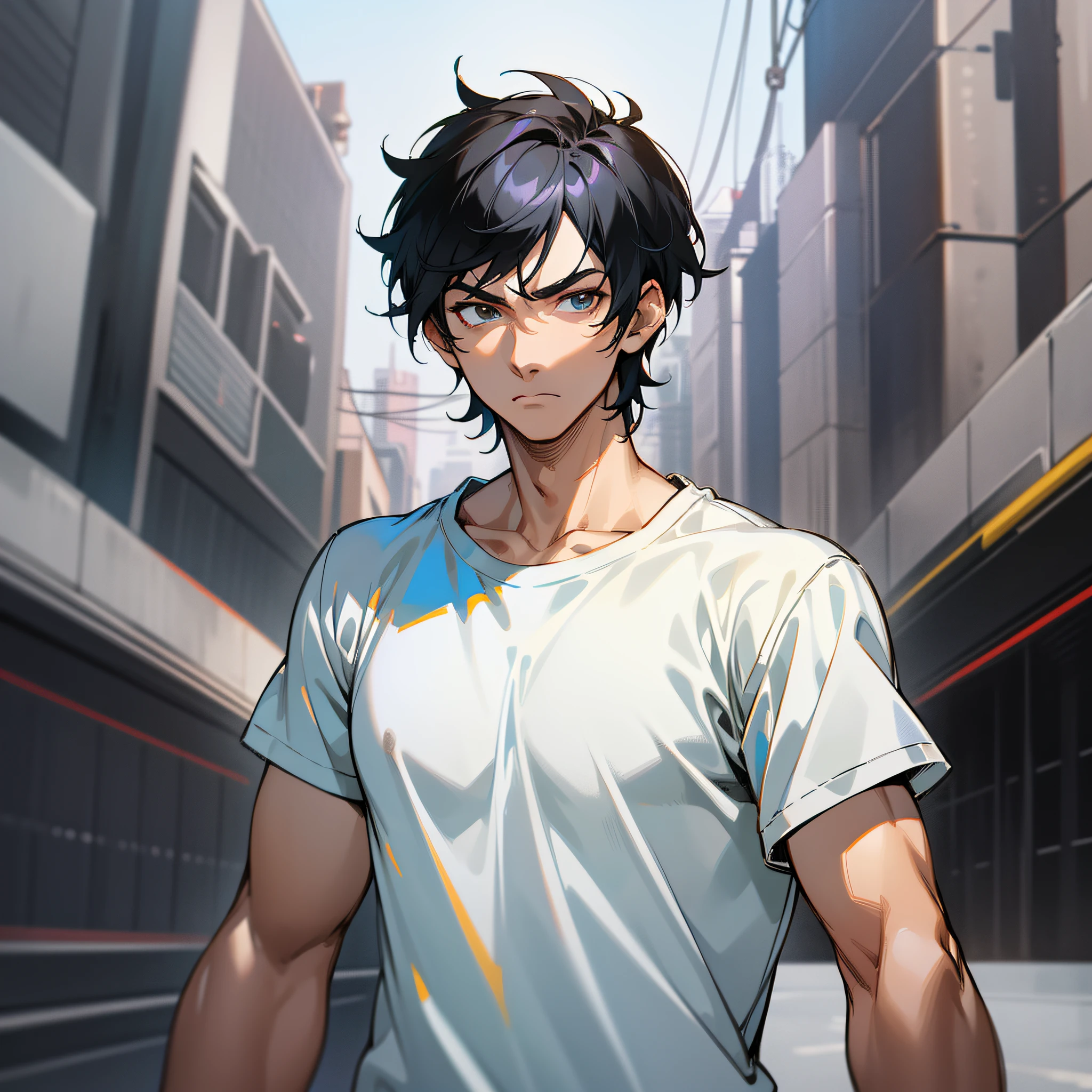 A man with black hair, wearing a white t-shirt with a flat expression, background street, looking at the camera, showing only the upper body (super detailed details), (super detailed CG: 1.2), anime art style, high quality 8K anime wallpaper, RGB lighting