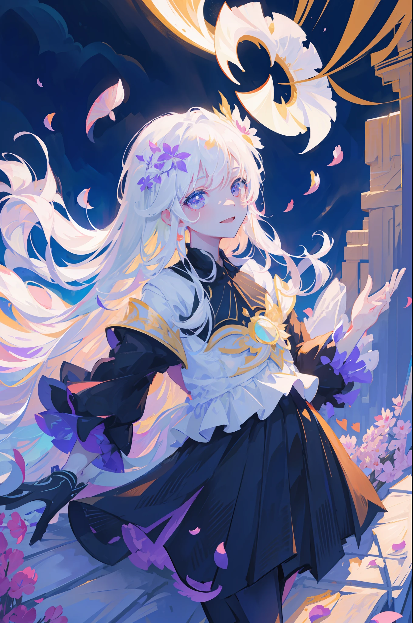 masterpiece, best quality, 1girl, (colorful),(finely detailed beautiful eyes and detailed face),cinematic lighting,bust shot,extremely detailed CG unity 8k wallpaper,white hair,solo,smile,intricate skirt,((flying petal)),(Flowery meadow) sky, cloudy_sky, building, moonlight, moon, night, (dark theme:1.3), light, fantasy,