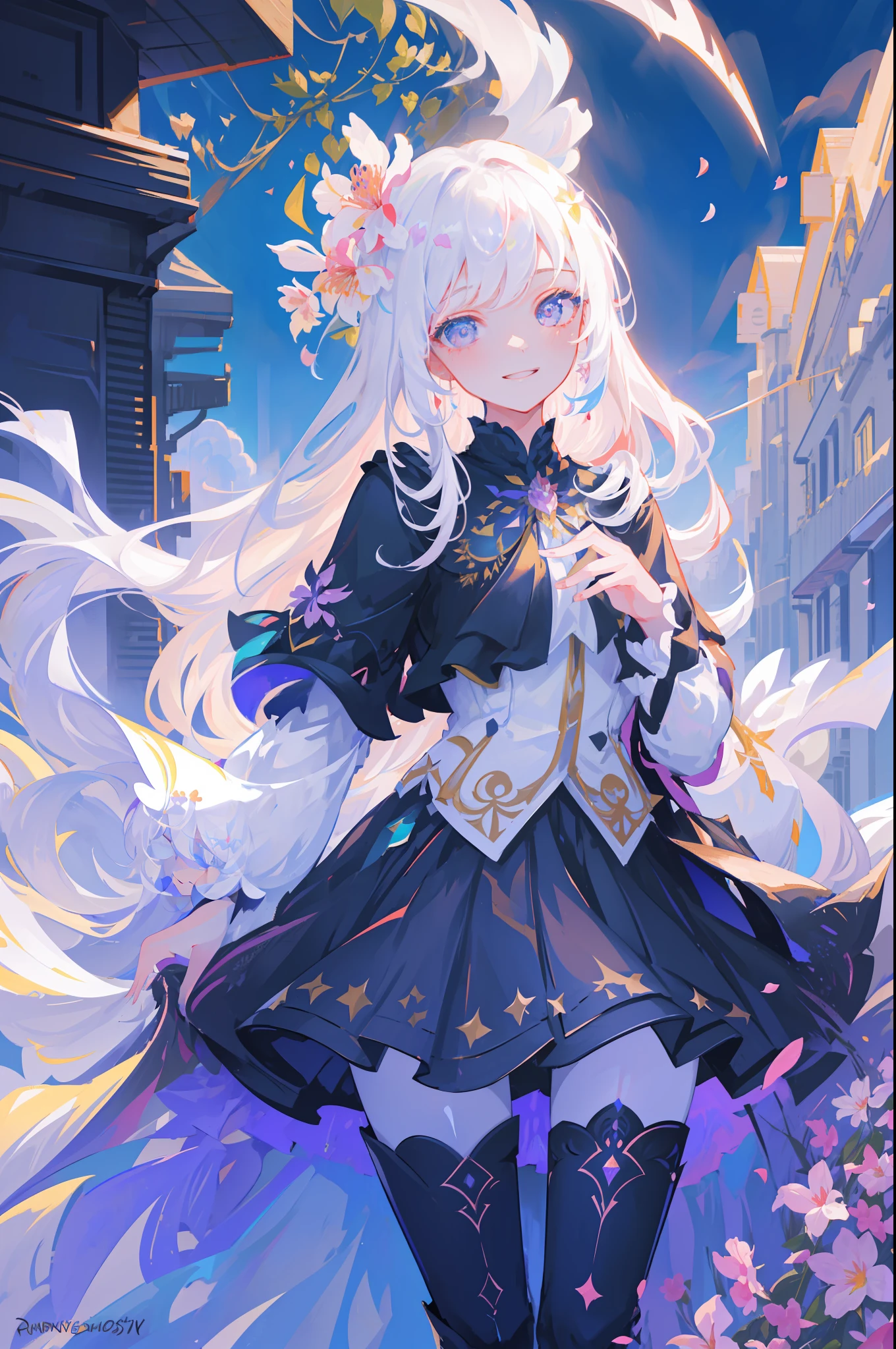 masterpiece, best quality, 1girl, (colorful),(finely detailed beautiful eyes and detailed face),cinematic lighting,bust shot,extremely detailed CG unity 8k wallpaper,white hair,solo,smile,intricate skirt,((flying petal)),(Flowery meadow) sky, cloudy_sky, building, moonlight, moon, night, (dark theme:1.3), light, fantasy,