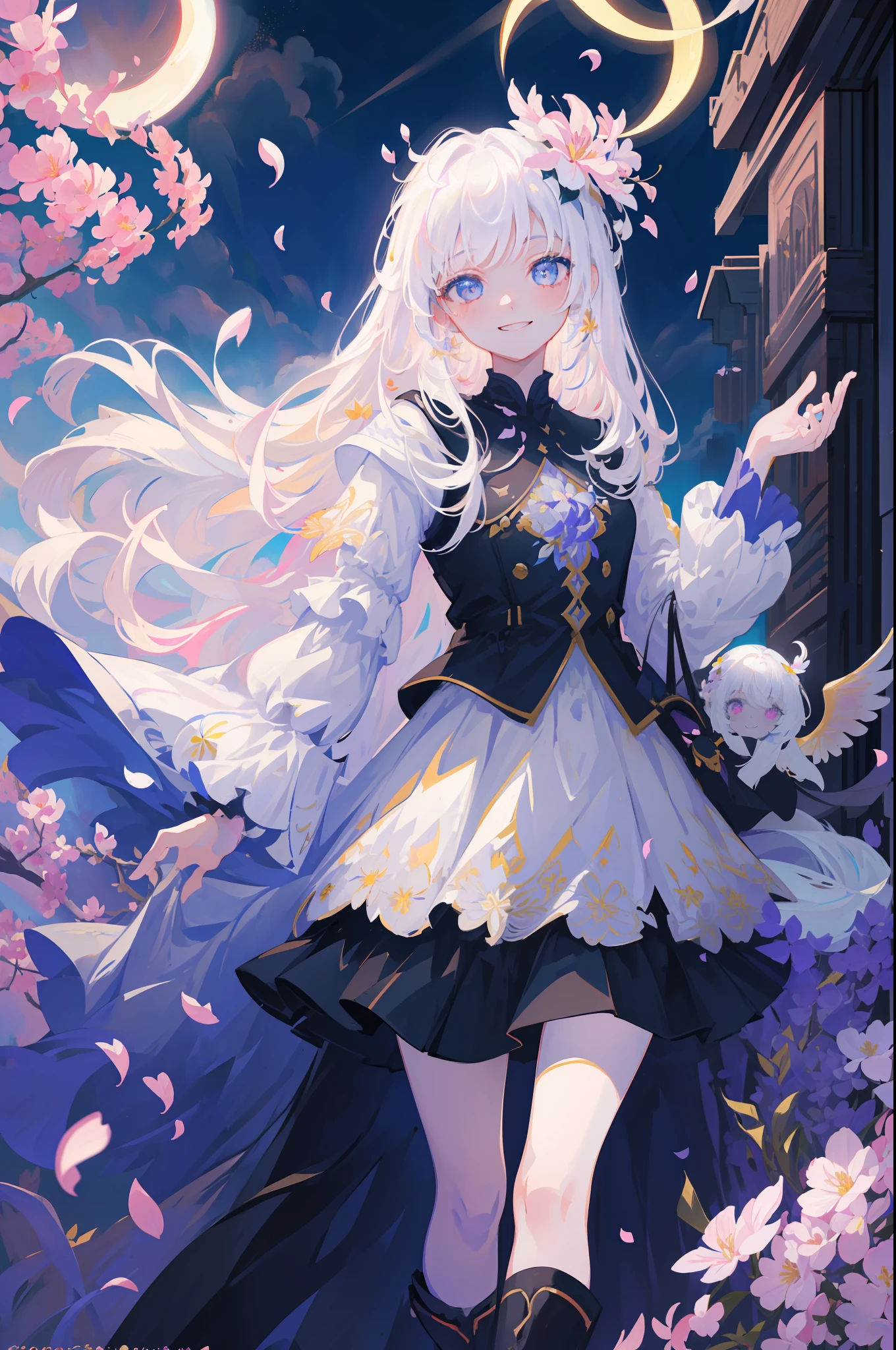 masterpiece, best quality, 1girl, (colorful),(finely detailed beautiful eyes and detailed face),cinematic lighting,bust shot,extremely detailed CG unity 8k wallpaper,white hair,solo,smile,intricate skirt,((flying petal)),(Flowery meadow) sky, cloudy_sky, building, moonlight, moon, night, (dark theme:1.3), light, fantasy,
