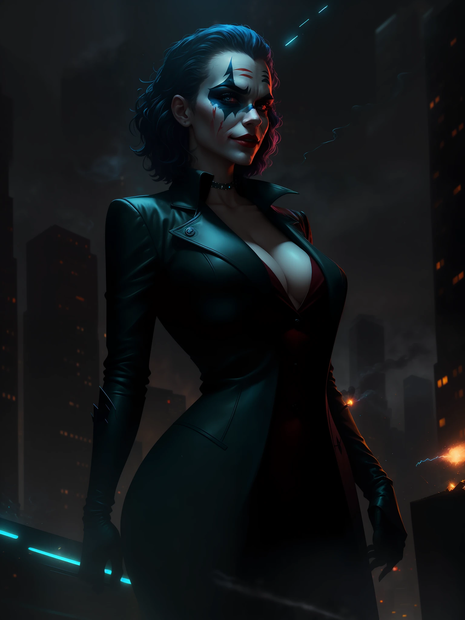 Scene from the movie, Sexy Woman dressed as Joker from DC, extremely detailed, futuristic cityscape, nighttime, glowing neon lights, smoke, sparks, metal shavings, flying debris, blue energy effects, volumetric light
