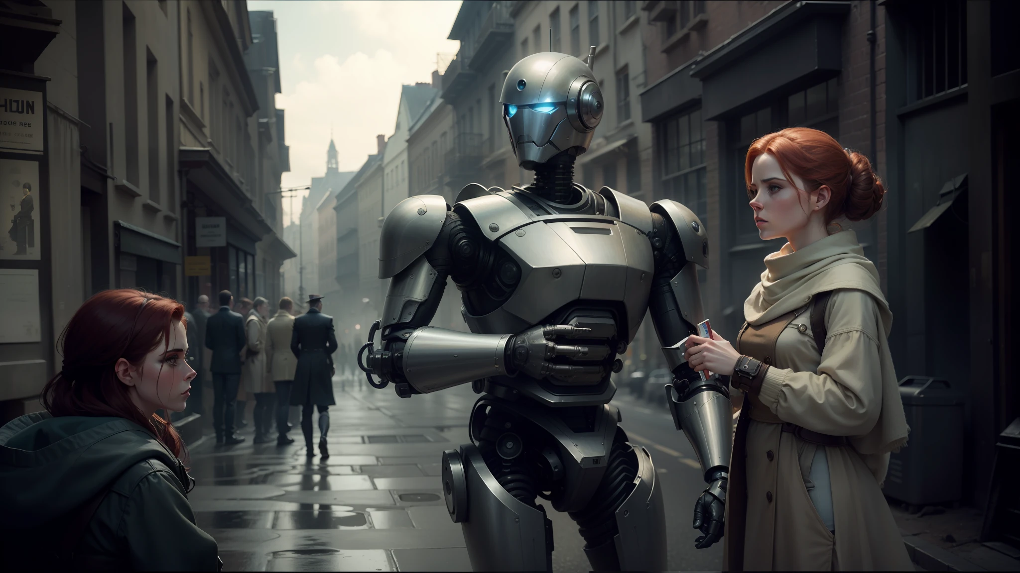 there is a woman standing next to a robot in a street, vfx film, edmund blair and charlie bowater, protagonist in foreground, still frame, inspired by Robert Fawcett, by Peter Madsen, anamorphic widescreen, by Nathan Wyburn, desaturated and muted colors, anatomically correct android, amy pond, intricate steampunk imagery, looks a bit similar to amy adams --auto --s2