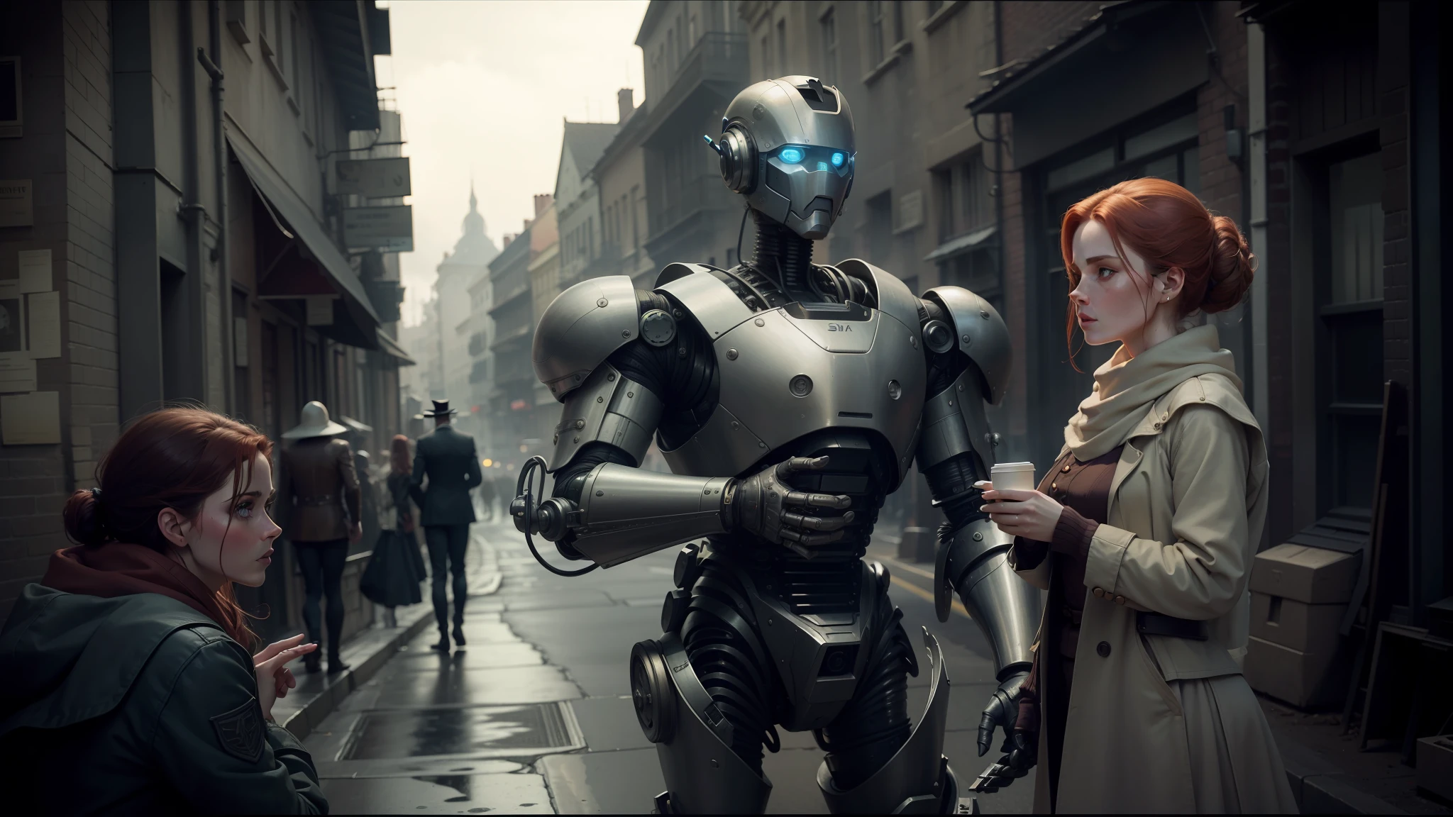 there is a woman standing next to a robot in a street, vfx film, edmund blair and charlie bowater, protagonist in foreground, still frame, inspired by Robert Fawcett, by Peter Madsen, anamorphic widescreen, by Nathan Wyburn, desaturated and muted colors, anatomically correct android, amy pond, intricate steampunk imagery, looks a bit similar to amy adams --auto --s2