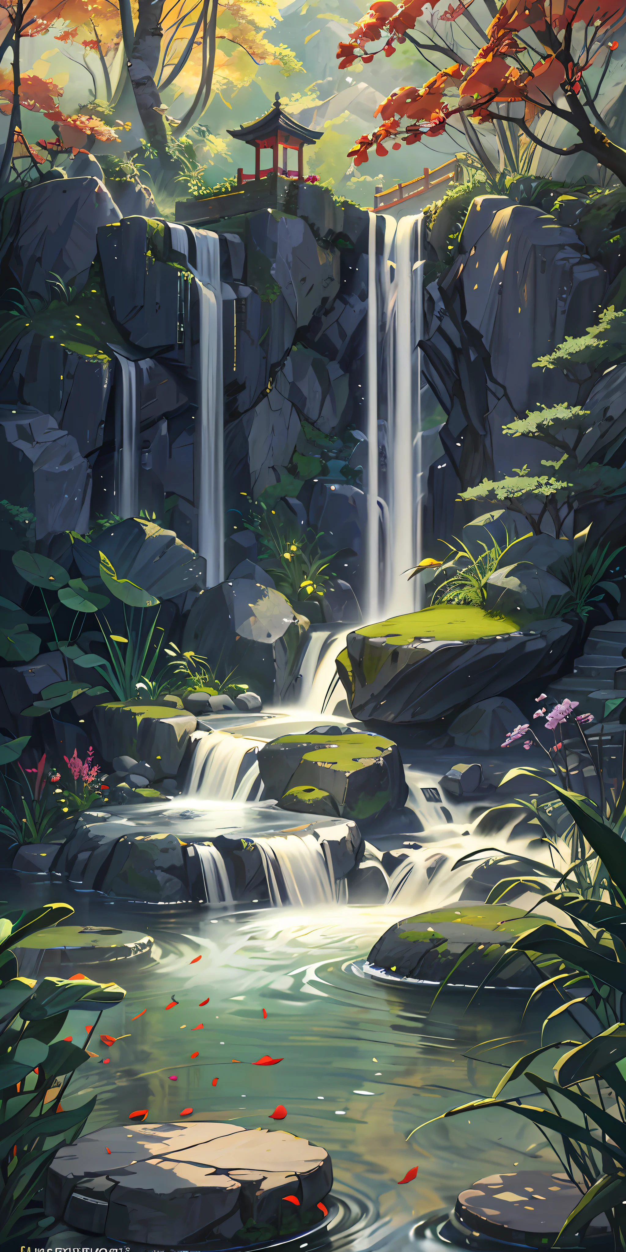 Ancient Chinese architecture, autumn, bamboo, lake, stone bridge, rockery, arch, corner, tree, tap water, landscape, waterfall, meadow, rock, water lily, hot springs, water vapor, (illustration: 1.0), epic composition, realistic lighting, high-definition detail, masterpiece, best quality, (very detailed CG unified 8k wallpaper)