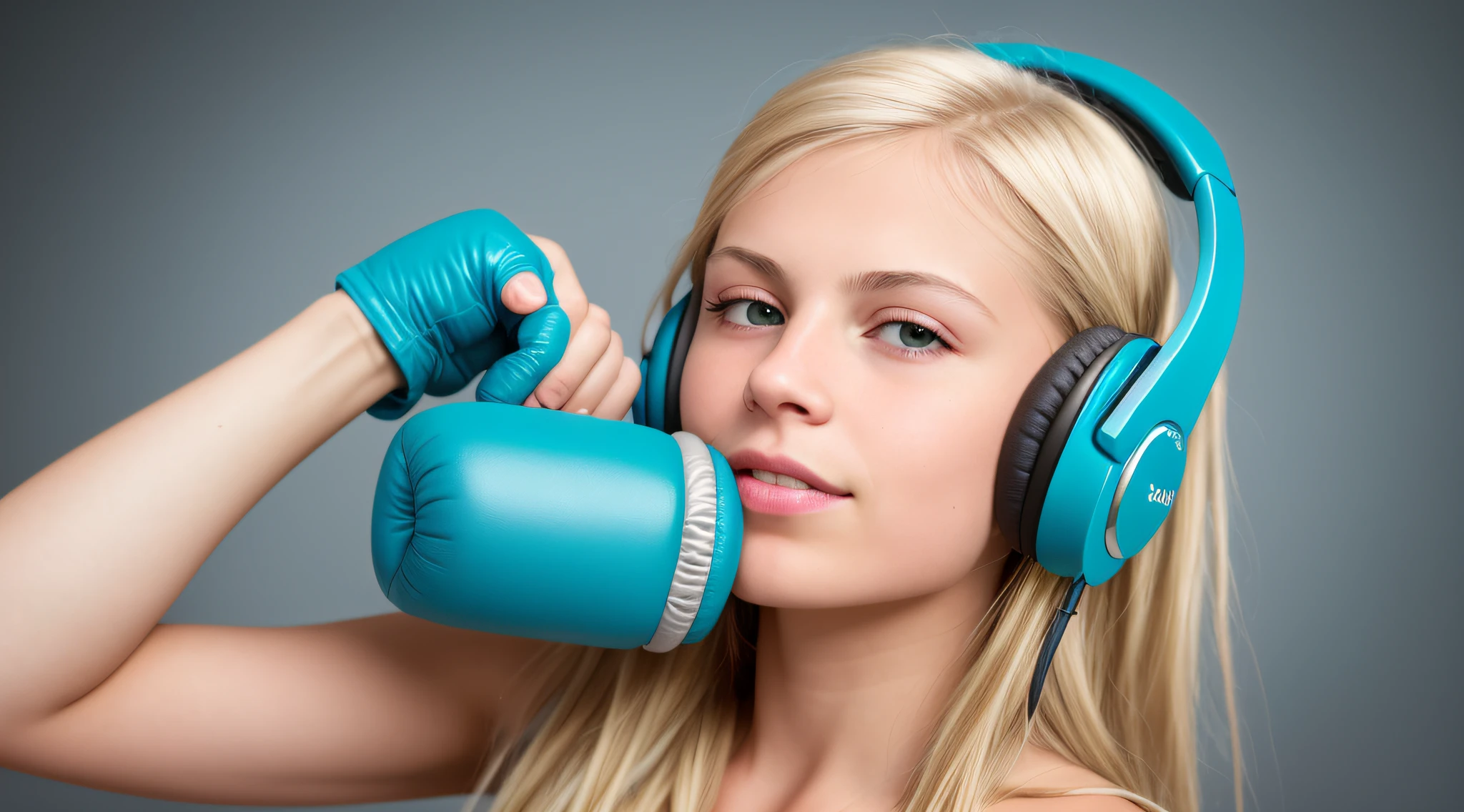 close-up of a hyper-detailed portrait of a PLATINUM BLONDE CHILD WITH STRAIGHT HAIR 10 YEARS OLD beautiful, perfect body,teal background, WITH BOXING GLOVES, digital RAW color photo with extremely high details, ((using wireless headphones)), HDR, 8k resolution, smooth, (blur): 1.7, (warm and soft ambient light):1.8, atmosphere, realistic, (volumetric mist):1.6, depth of field, side lighting, photographed on a Kodak box camera