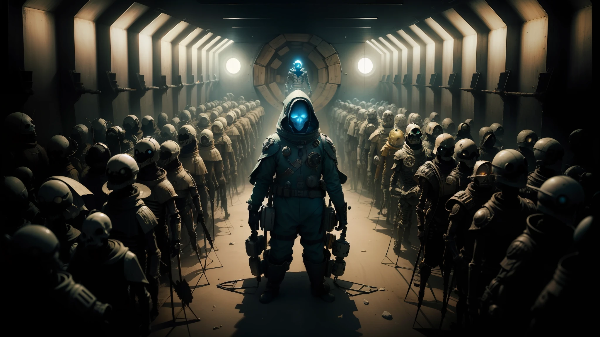 arafed image of a man in a space suit standing in a tunnel, kubo and the two strings, with a skeleton army, die antwoord music video, characters from machinarium, in formation, the theme of alice in wonderland, by Eizō Katō, conformity, larvae --auto --s2