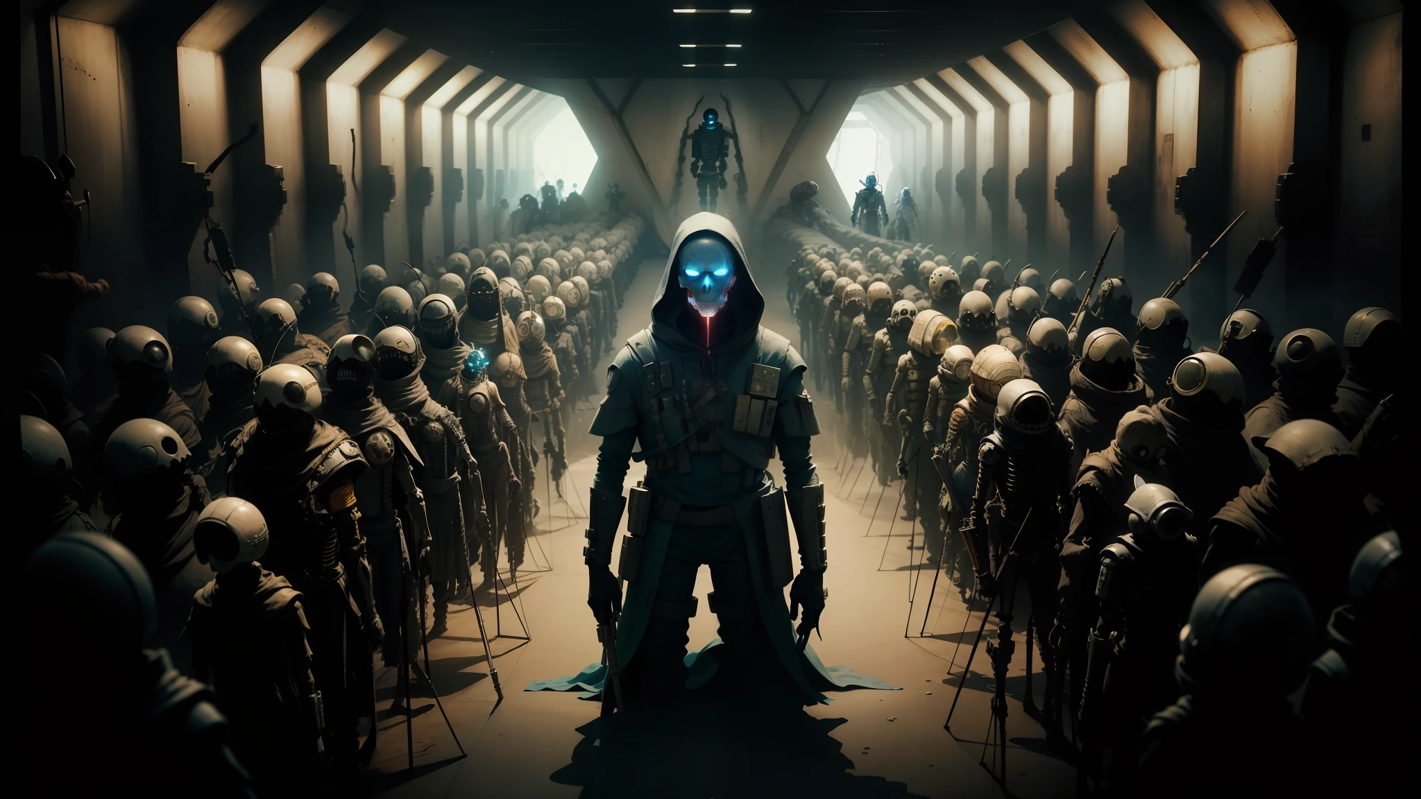 arafed image of a man in a space suit standing in a tunnel, kubo and the two strings, with a skeleton army, die antwoord music video, characters from machinarium, in formation, the theme of alice in wonderland, by Eizō Katō, conformity, larvae --auto --s2