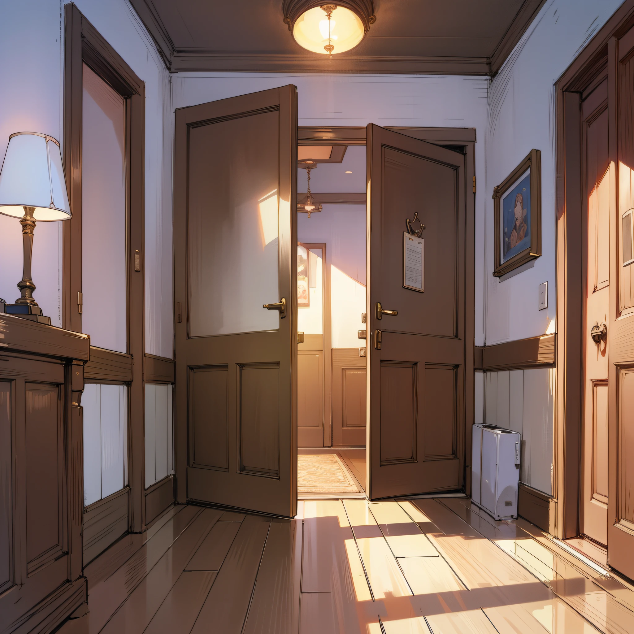At the door of a room, there is a pair of leather shoes for men, anime art style, high quality 8K anime wallpaper, RGB lighting