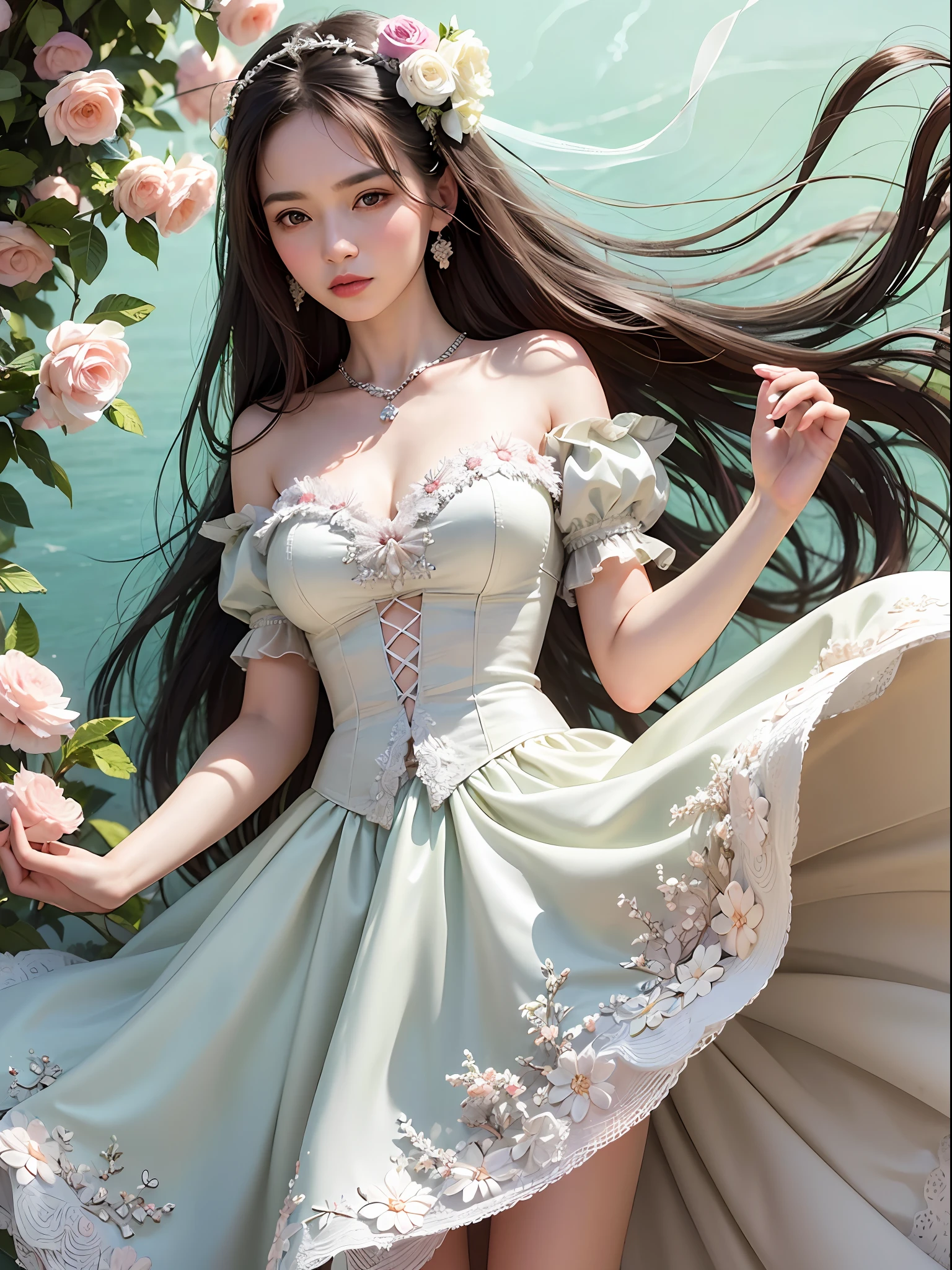 aged 30,Super detailed,a beautiful girl, , playful and charming. The girl’s dress is made of a delicate, flowing fabric that seems to dance in the breeze. The color is a soft pastel, reminiscent of the wildflowers that surround her. The bodice is fitted, with intricate embroidery and beading that catches the light. The skirt is full and flowing, with layers of fabric that rustle softly as she moves. The overall effect is one of timeless elegance and grace.