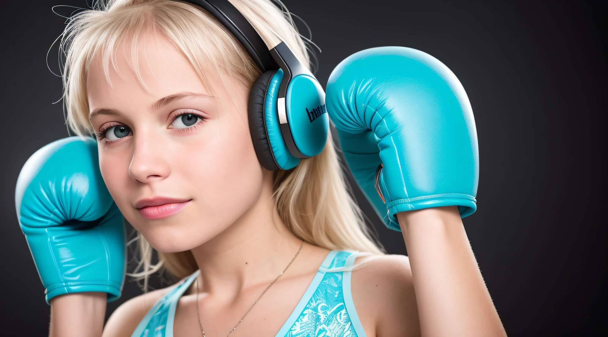 close-up of a hyper-detailed portrait of a PLATINUM BLONDE CHILD WITH STRAIGHT HAIR 10 YEARS OLD beautiful, perfect body,teal background, WITH BOXING GLOVES, digital RAW color photo with extremely high details, ((using wireless headphones)), HDR, 8k resolution, smooth, (blur): 1.7, (warm and soft ambient light):1.8, atmosphere, realistic, (volumetric mist):1.6, depth of field, side lighting, photographed on a Kodak box camera