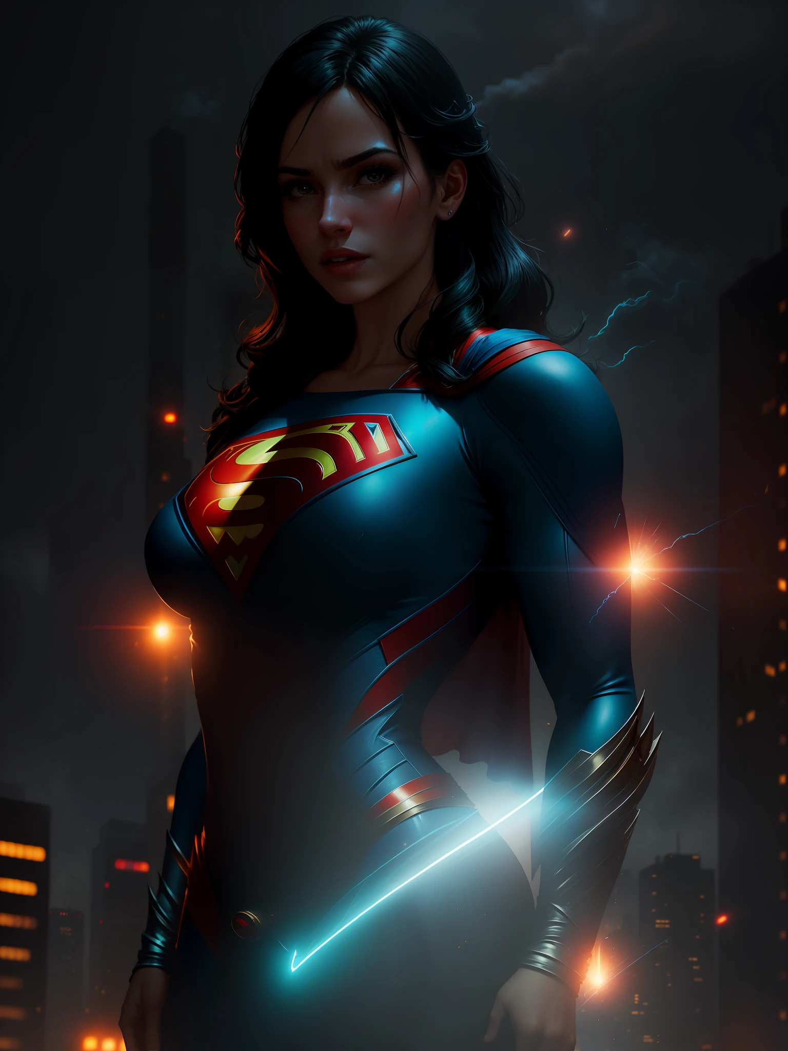 Scene from the movie, Sexy Woman dressed as Superman from DC, extremely detailed, futuristic cityscape, nighttime, glowing neon lights, smoke, sparks, metal shavings, flying debris, blue energy effects, volumetric light