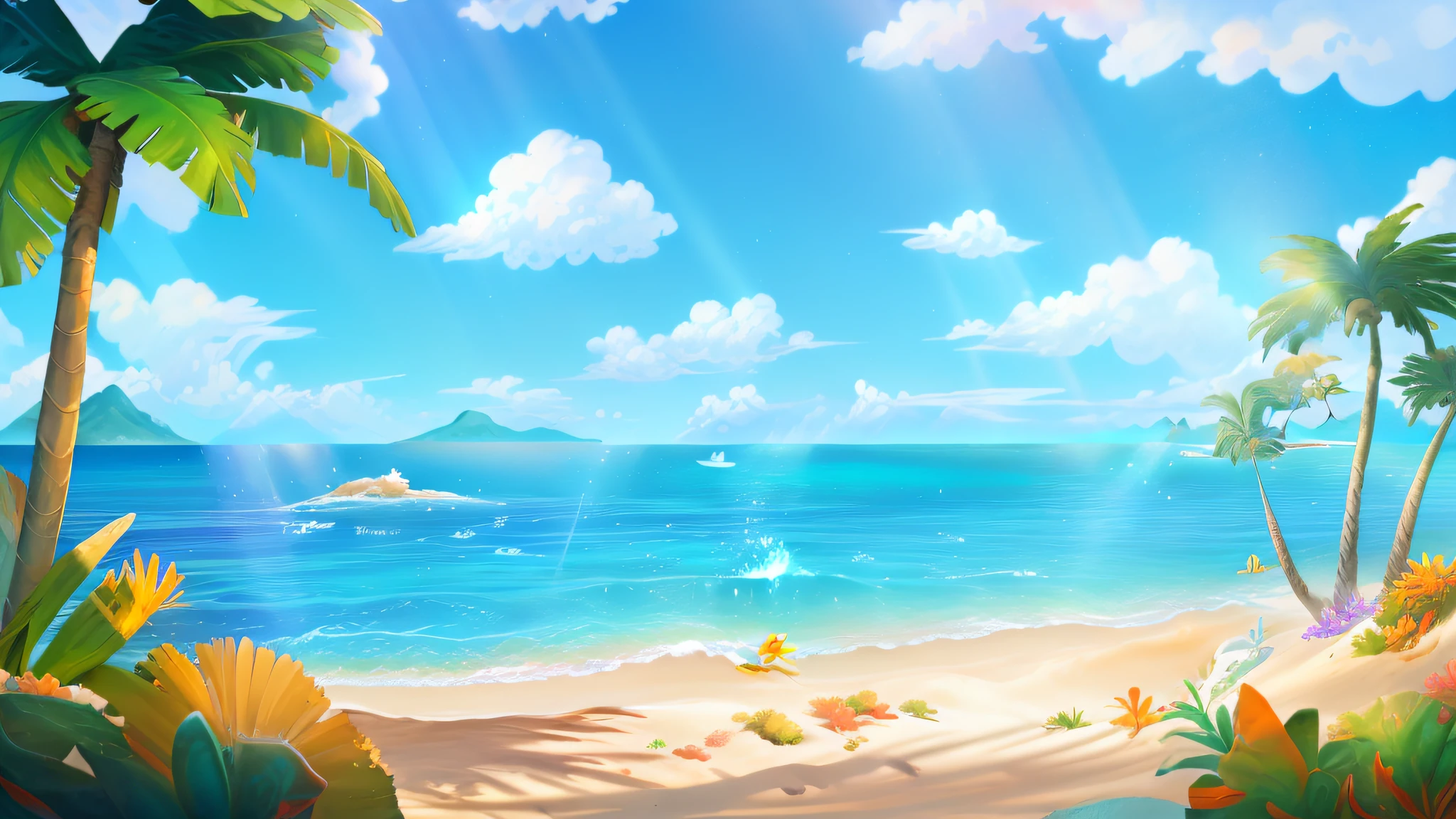 there is a picture of a beach scene with palm trees and a starfish, beach background, mobile game background, seaside backgroud, island background, background artwork, background art, anime background art, amazing wallpaper, sunny day background, breezy background, sunny day at beach, beautiful wallpaper, amazing background, anime background, tropical beach paradise, iphone background, beach landscape