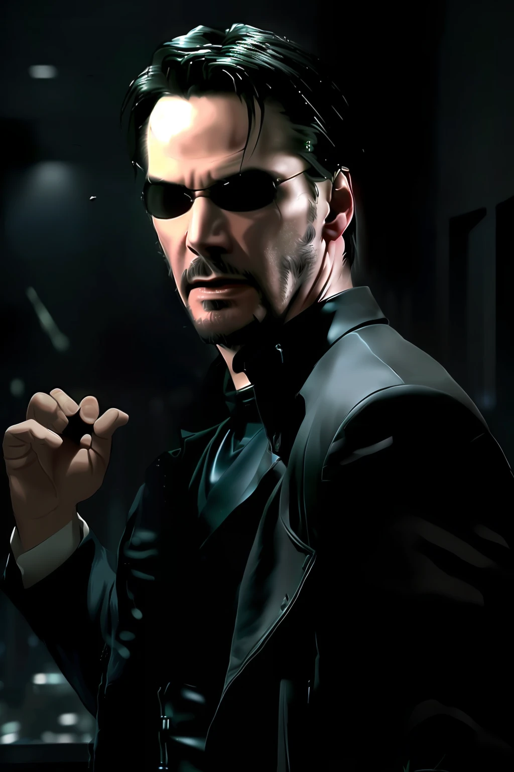 Neo wearing black trench coat with cape, black leather ,(((Keanu Reeves face como neo de The Matrix 1999))) face ,((melhor qualidade)), ((obra-prima)), (detalhada) fan art de (neo from the matix) face, ((neo de matrix face)), keanu reaves, the matrix (1999), óculos escuros, noite, 80mm, ((animação ocidental)), (neo the matrix (1999)), (cabelo curto), (Tokyo Street Nights), (((beardless))), (((Neo from The Matrix 1999))), (((young)))