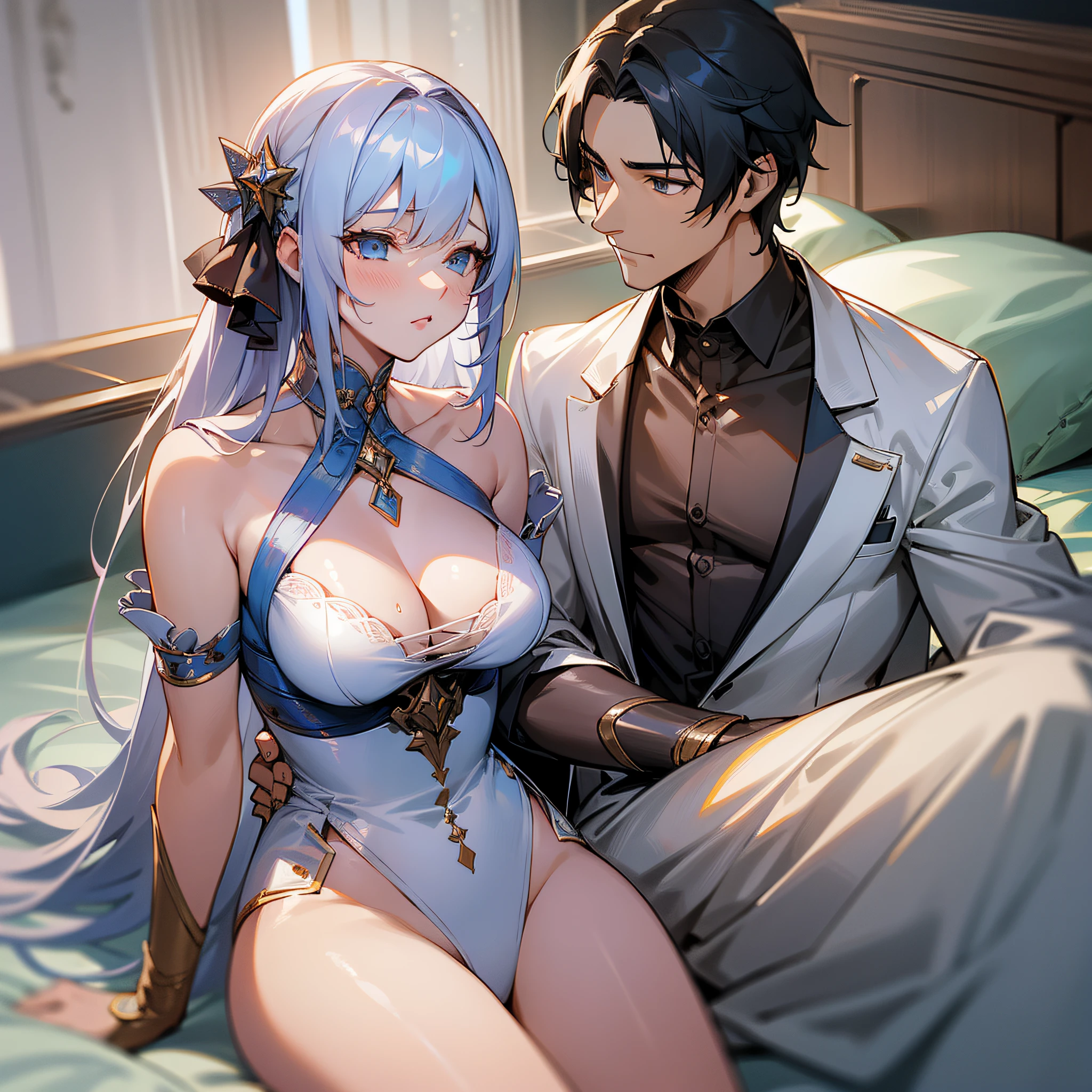 A man and a woman sitting on the bed, a thin man, the man is wearing white pajamas, lewd expressions, villains, women are dressed very revealingly, only show the upper body (super complex details), (super detailed CG: 1.2), anime art style,