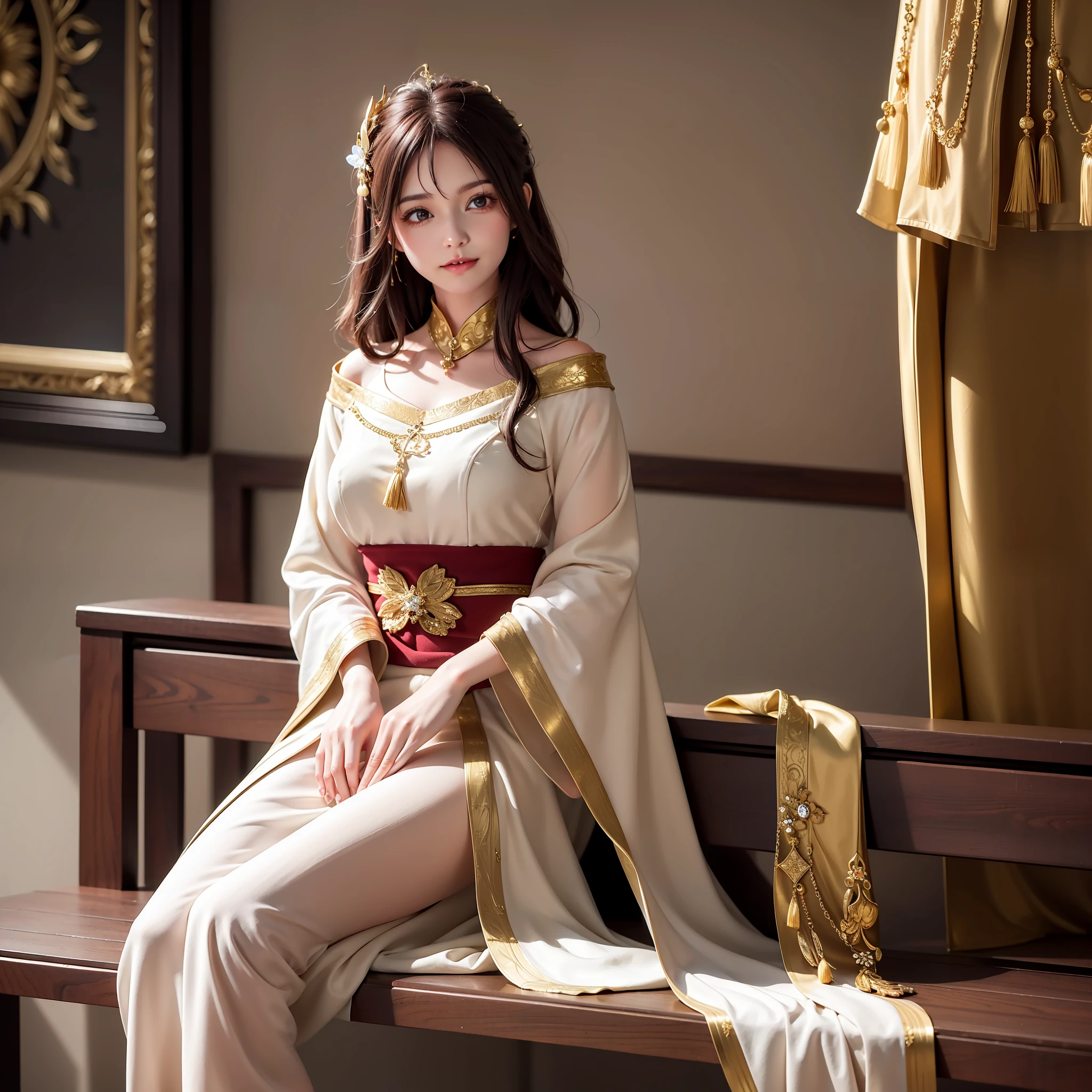 A woman sits on a bench in the room with a lot of gold ornaments on the wall, and a woman sits on the bench
