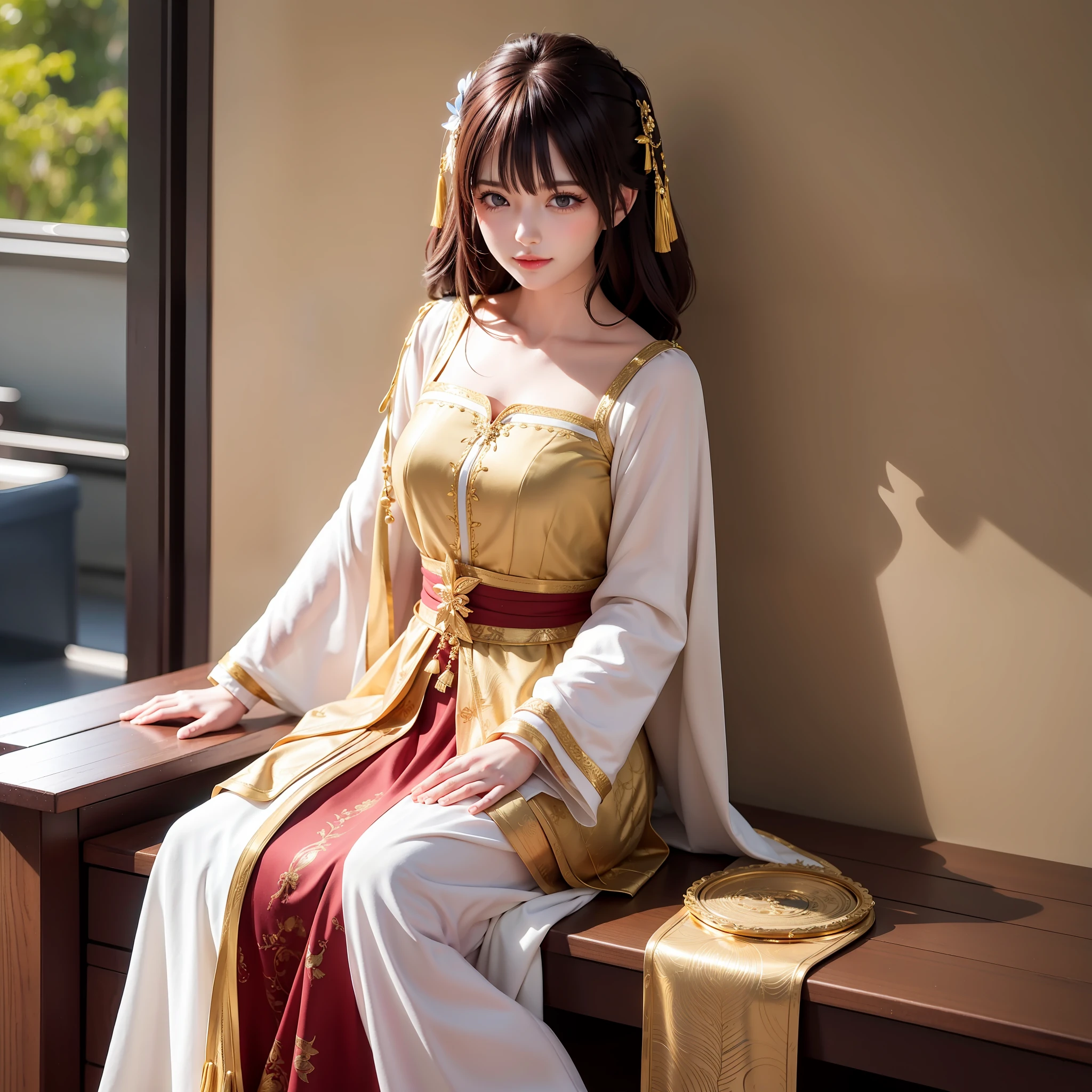 A woman sits on a bench in the room with a lot of gold ornaments on the wall, and a woman sits on the bench