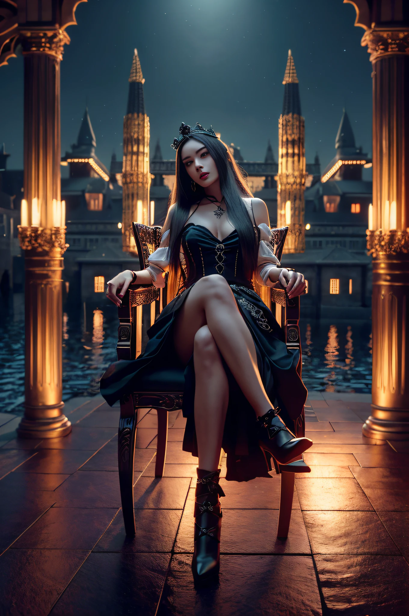 Long hair, dark outdoor background, baroque, dark night environment, gothic art, legs crossed, legs crossed, premium tones, dark style, goddess, caparison cloth, queen, sitting on gorgeous chair, pair of long legs, stocking legs, girl, red lips, 8k, masterpiece, best quality, art book, game_cg, wallpaper, 8k, ultra definition, rtx, octane, (no_light:1), (no shadow: 0.5), flood illumination, glowing eyes, Lips parted, imposing palace backdrop