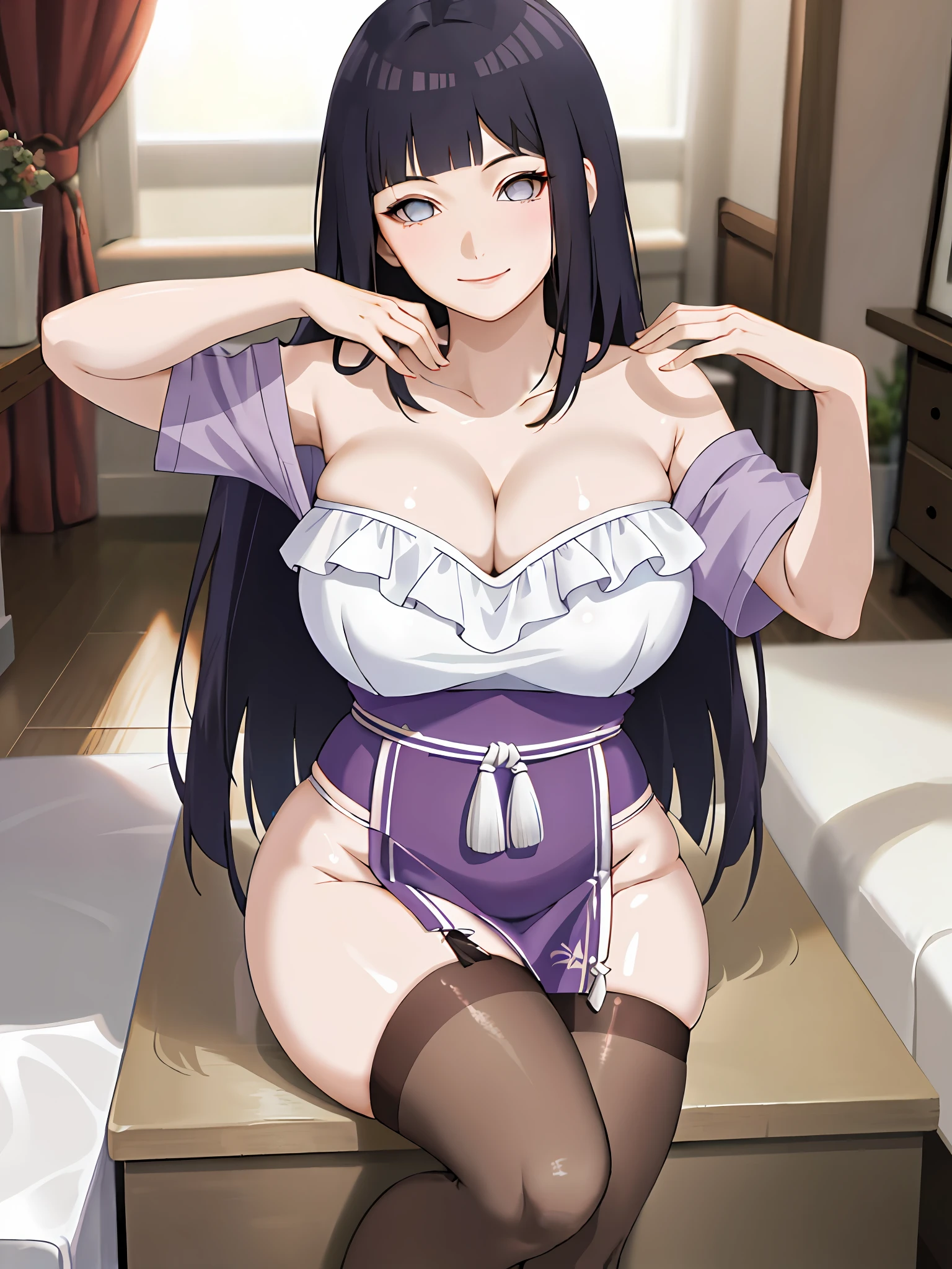 ((Masterpiece, Excellent)), (1girl), solo, single, ((MILF)), brunette hair, bangs, bursting breasts, (plump), slim, smile, [wide buttocks], thin waist, stockings, cleavage, seductive, hands on the back, hanfu,