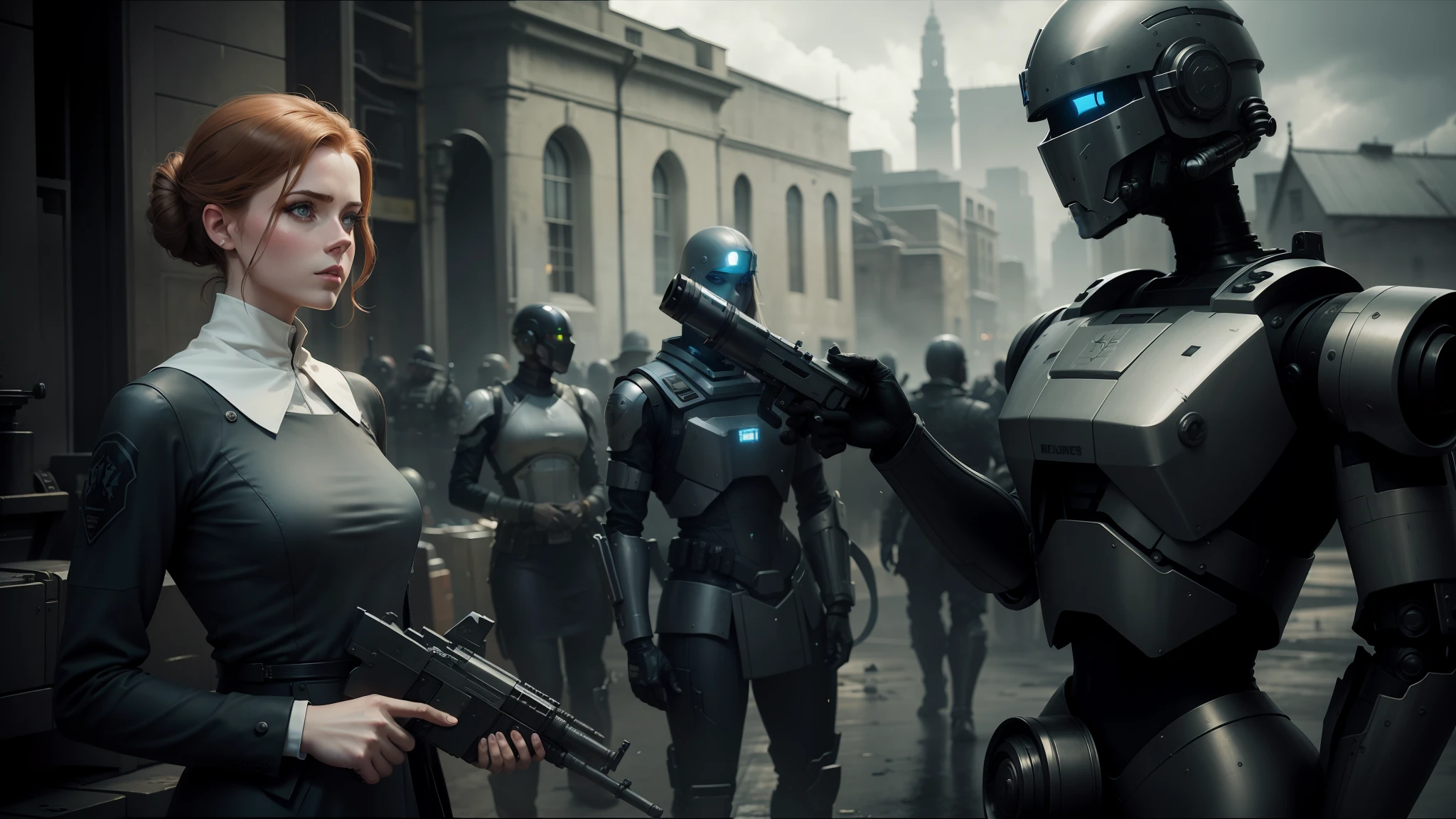 woman in a dress holding a gun next to a robot, still from a fantasy movie, behance, looks a bit similar to amy adams, black and white color photograph, guards, cyborg merchant woman, inspired by Edward Simmons, android heroine, syndicate(2012), leather clothing, matte sharp painting, cute girl wearing tank suit, fantasy photography, urban patrol --auto --s2