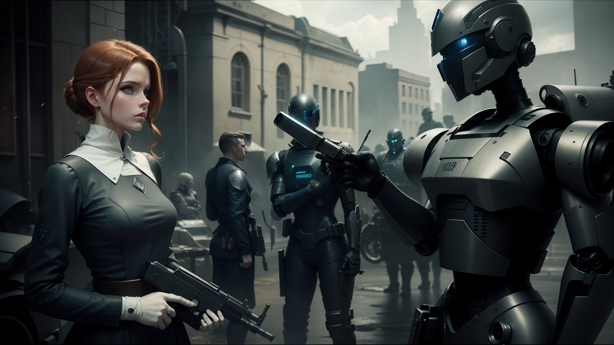woman in a dress holding a gun next to a robot, still from a fantasy movie, behance, looks a bit similar to amy adams, black and white color photograph, guards, cyborg merchant woman, inspired by Edward Simmons, android heroine, syndicate(2012), leather clothing, matte sharp painting, cute girl wearing tank suit, fantasy photography, urban patrol --auto --s2