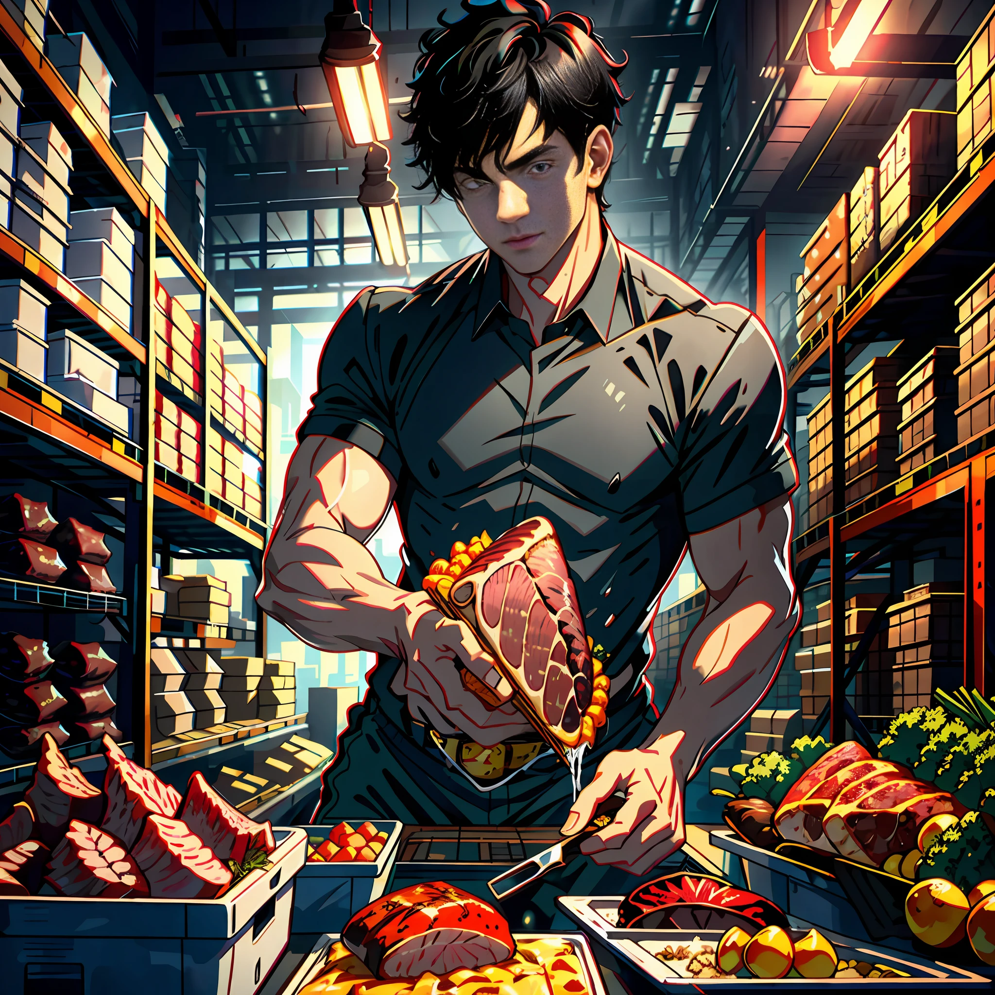 A handsome boy with short black hair, black eyes, eyes ultra-detailed, in a huge warehouse, piled with meat, highly real, UHD, chiaroscuro, super high detail