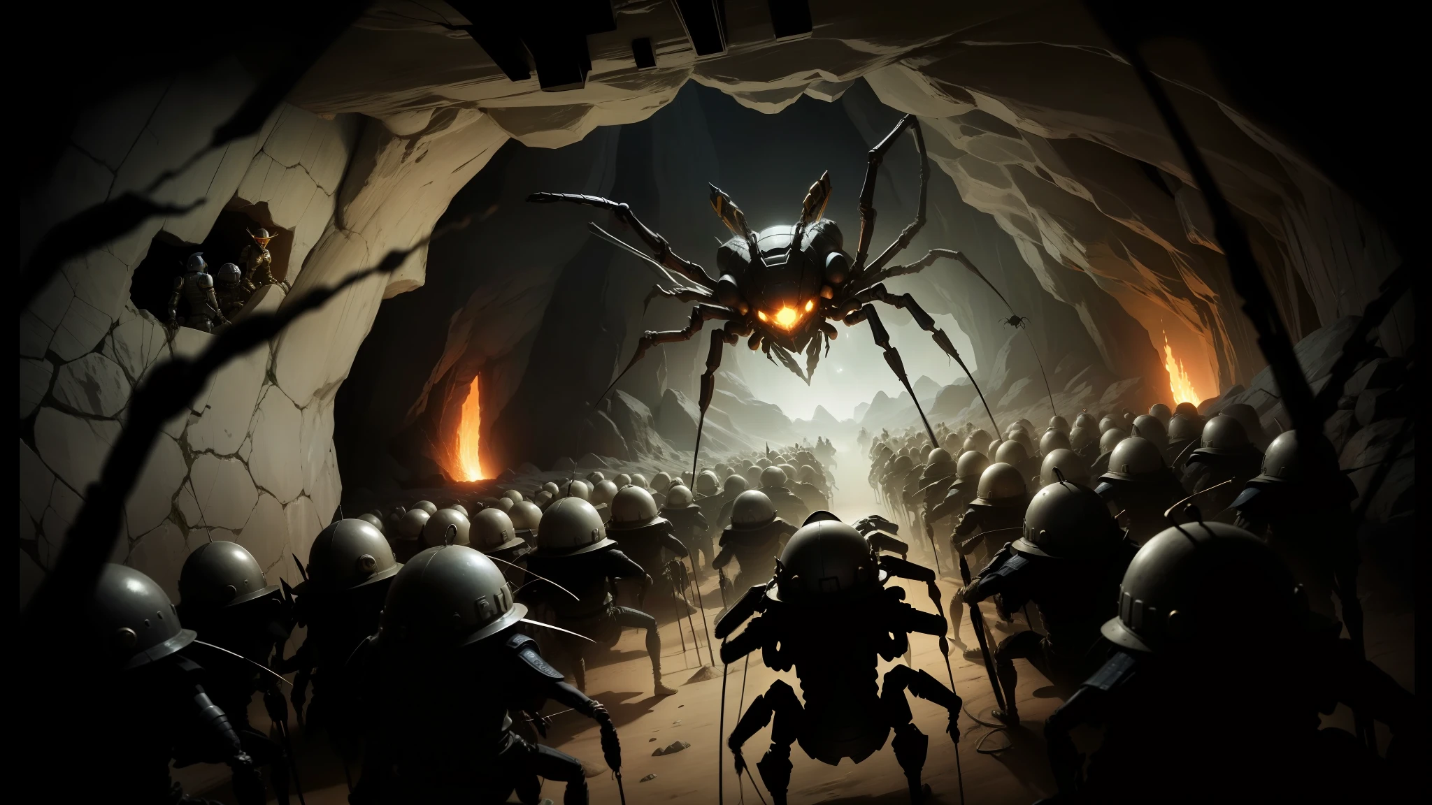 arafed image of a group of soldiers in a cave with a giant spider, still from despicable me 2010, cockroach character, in a space horror setting, migrant mother, promotional movie still, claymore, ps 3, photo of, an army of evil, wētā fx, cavalry, apophis --auto --s2